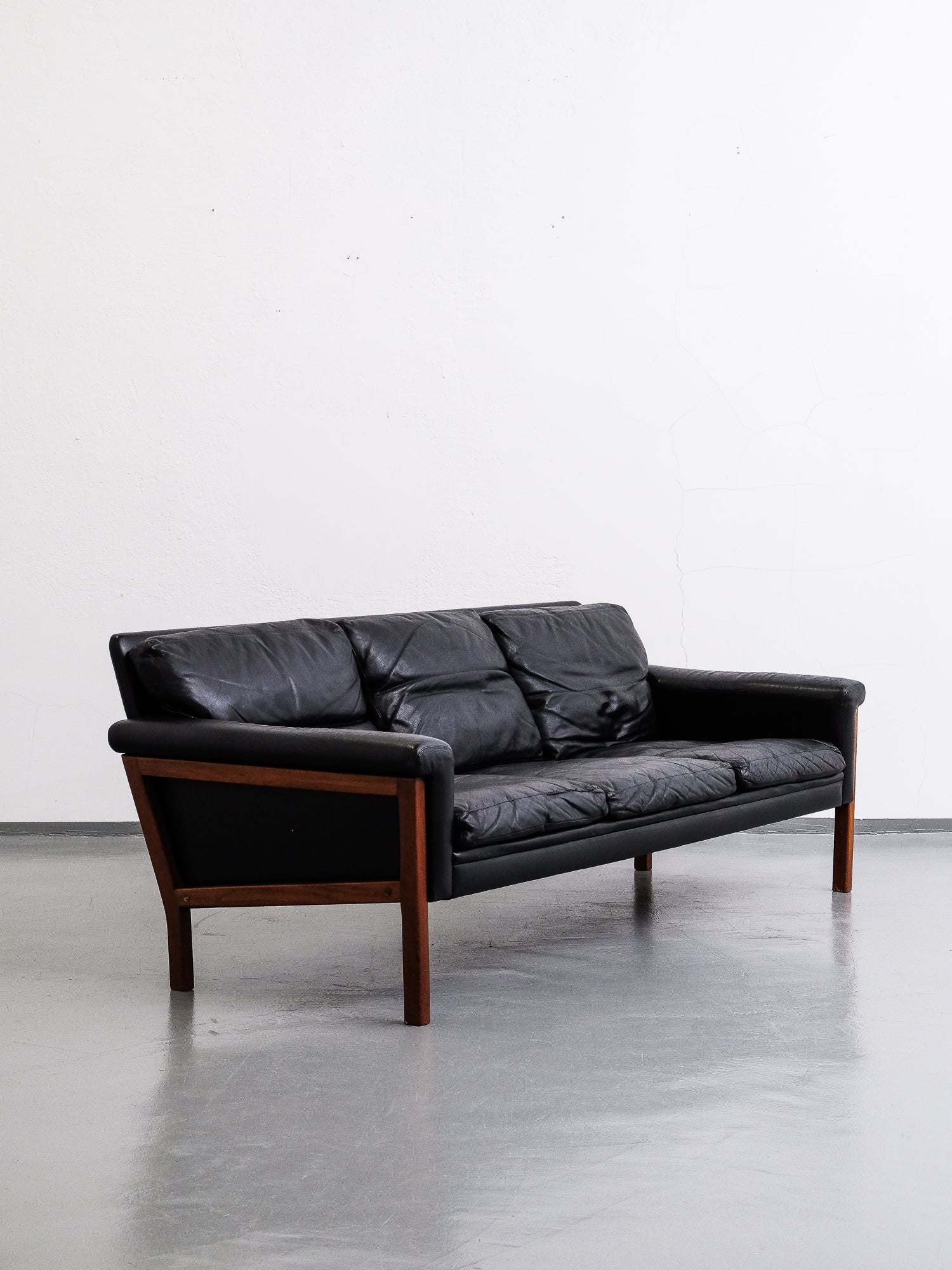Swedish Black Leather 3-Seater Sofa, 1960s