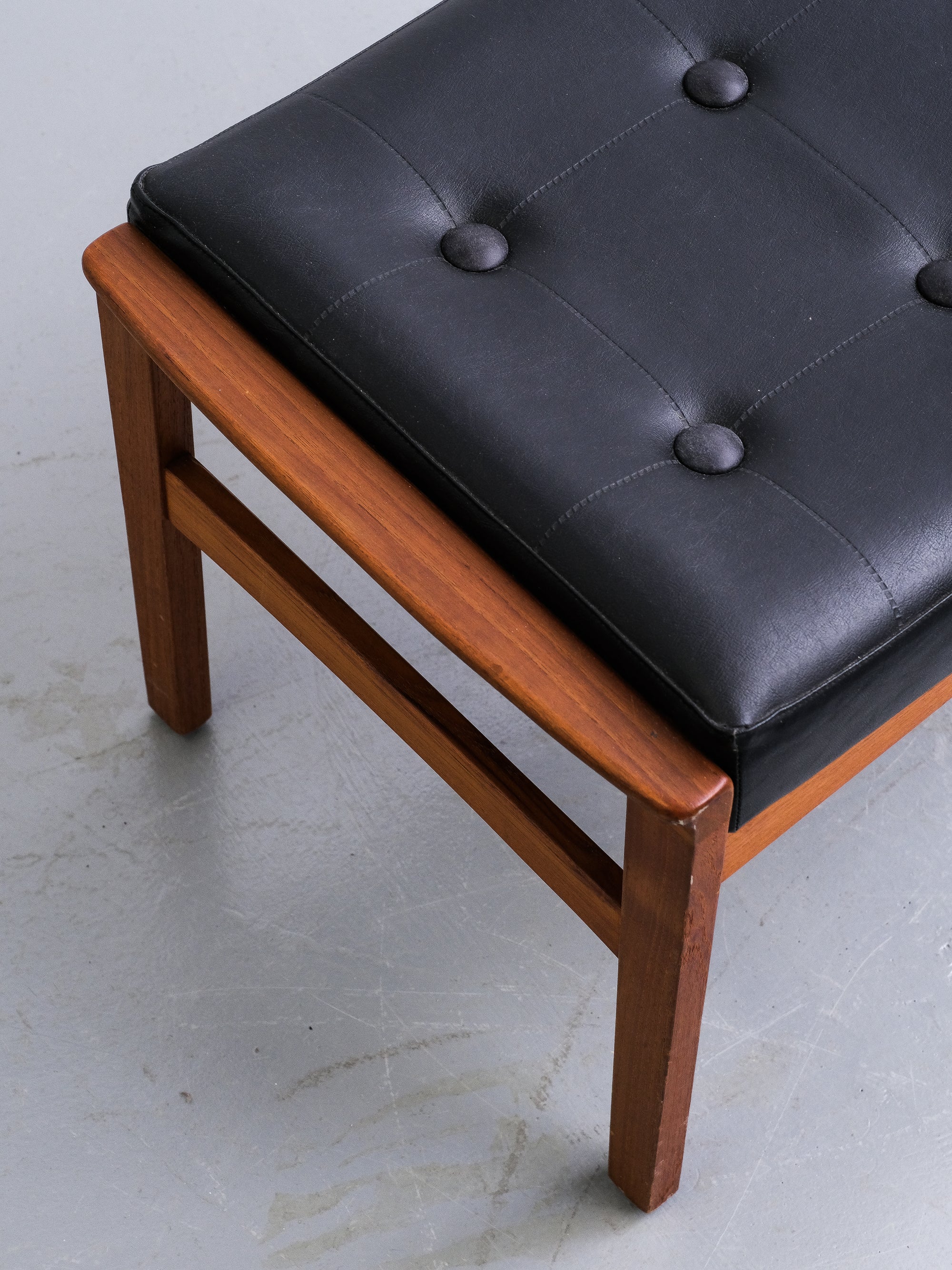 Scandinavian Teak &amp; Black Leather Foot Stool