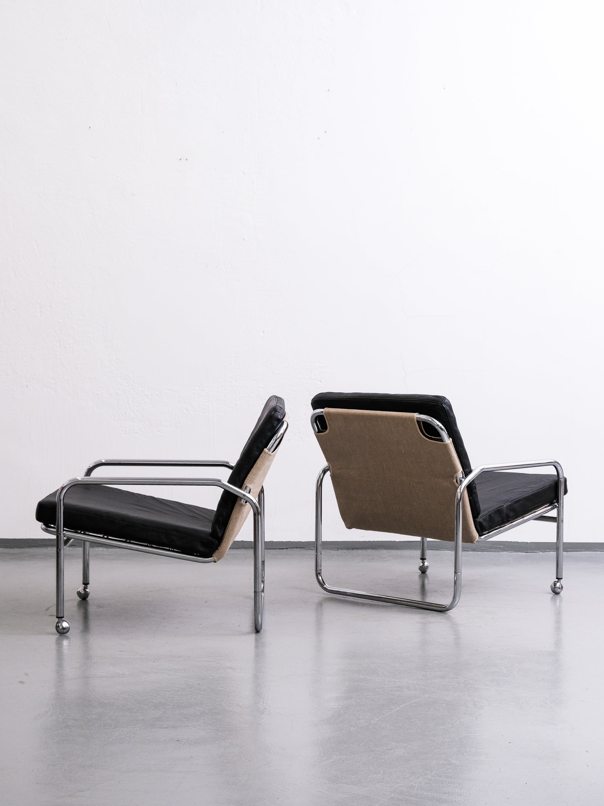 Black Leather and Tubular Chrome Steel Lounge Chairs, Sweden