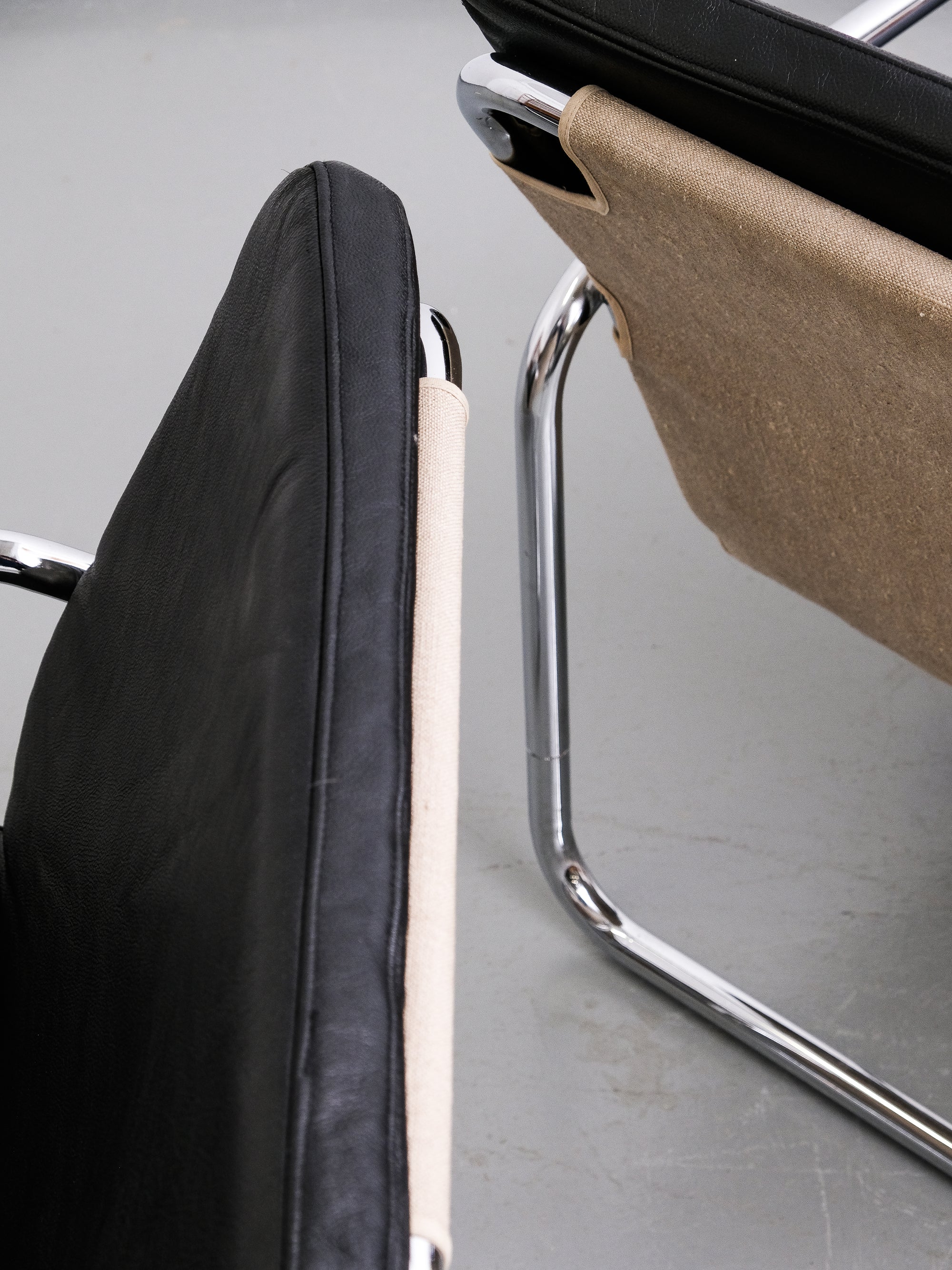 Black Leather and Tubular Chrome Steel Lounge Chairs, Sweden
