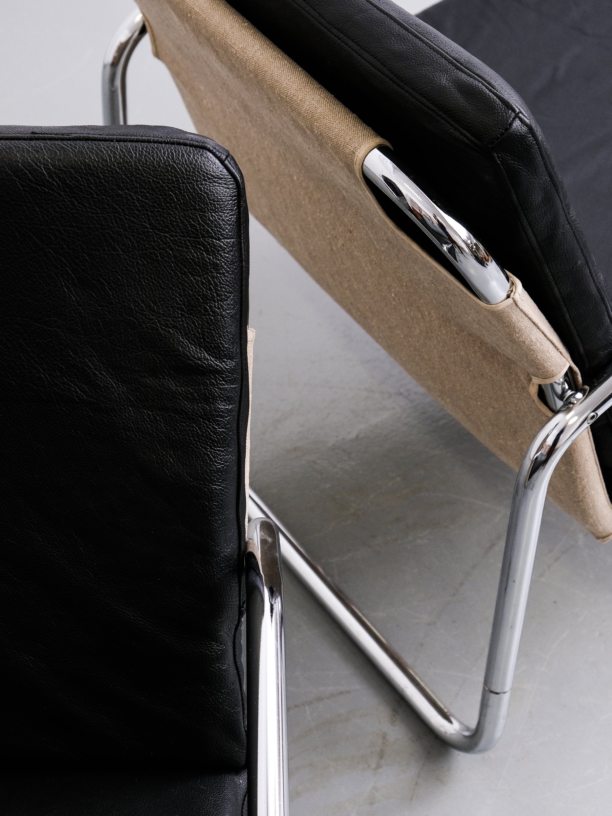 Black Leather and Tubular Chrome Steel Lounge Chairs, Sweden