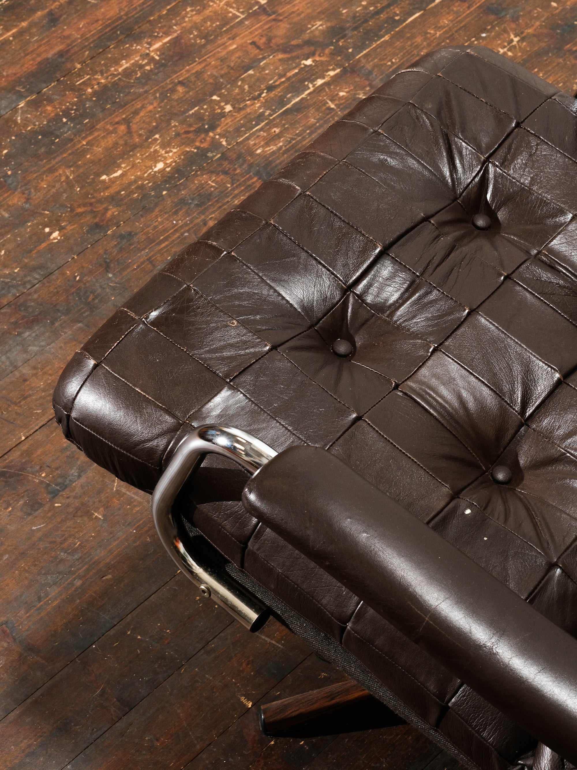 Swedish Brown Leather Patch Swivel Chair, 1970s