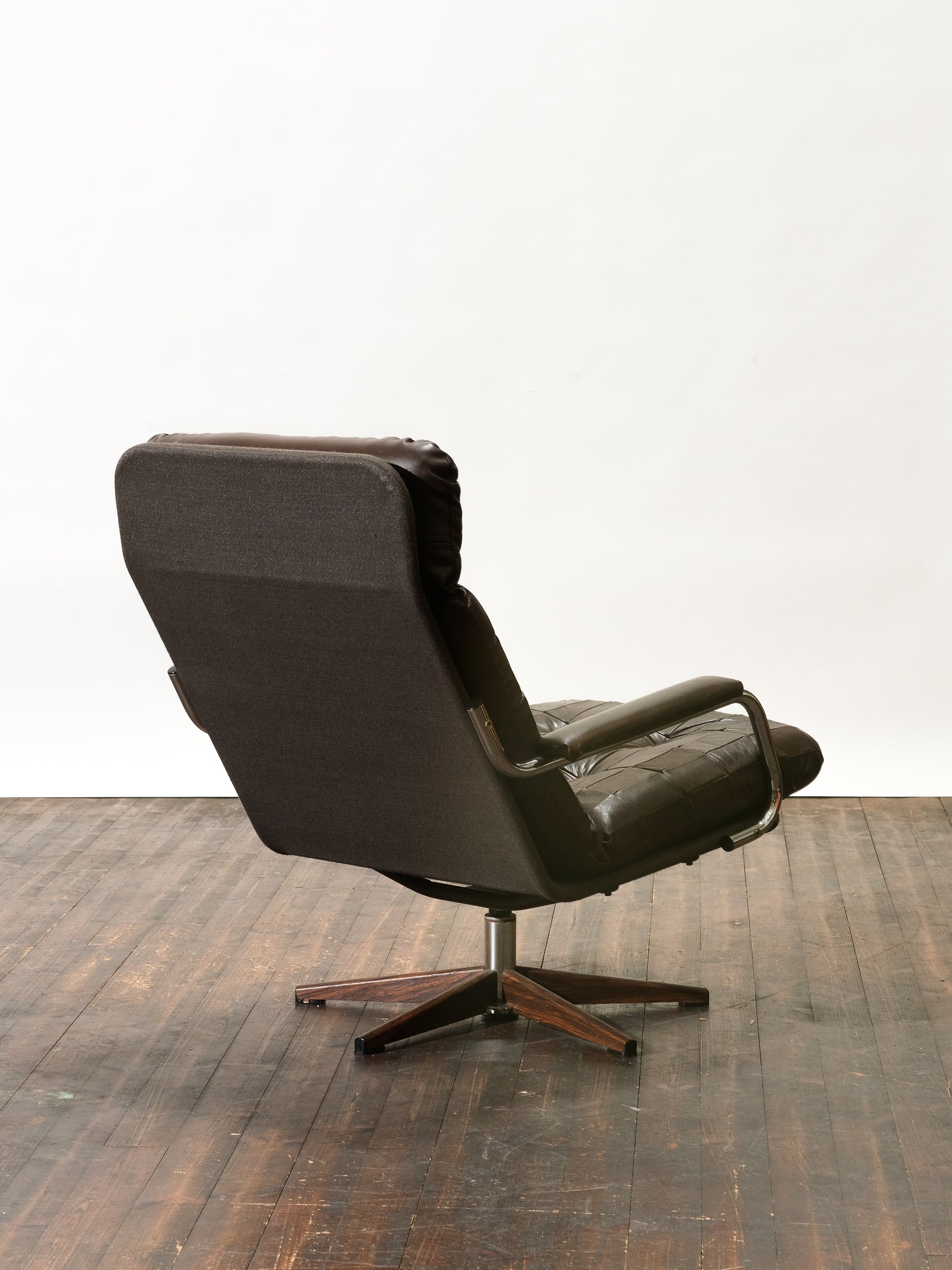 Swedish Brown Leather Patch Swivel Chair, 1970s