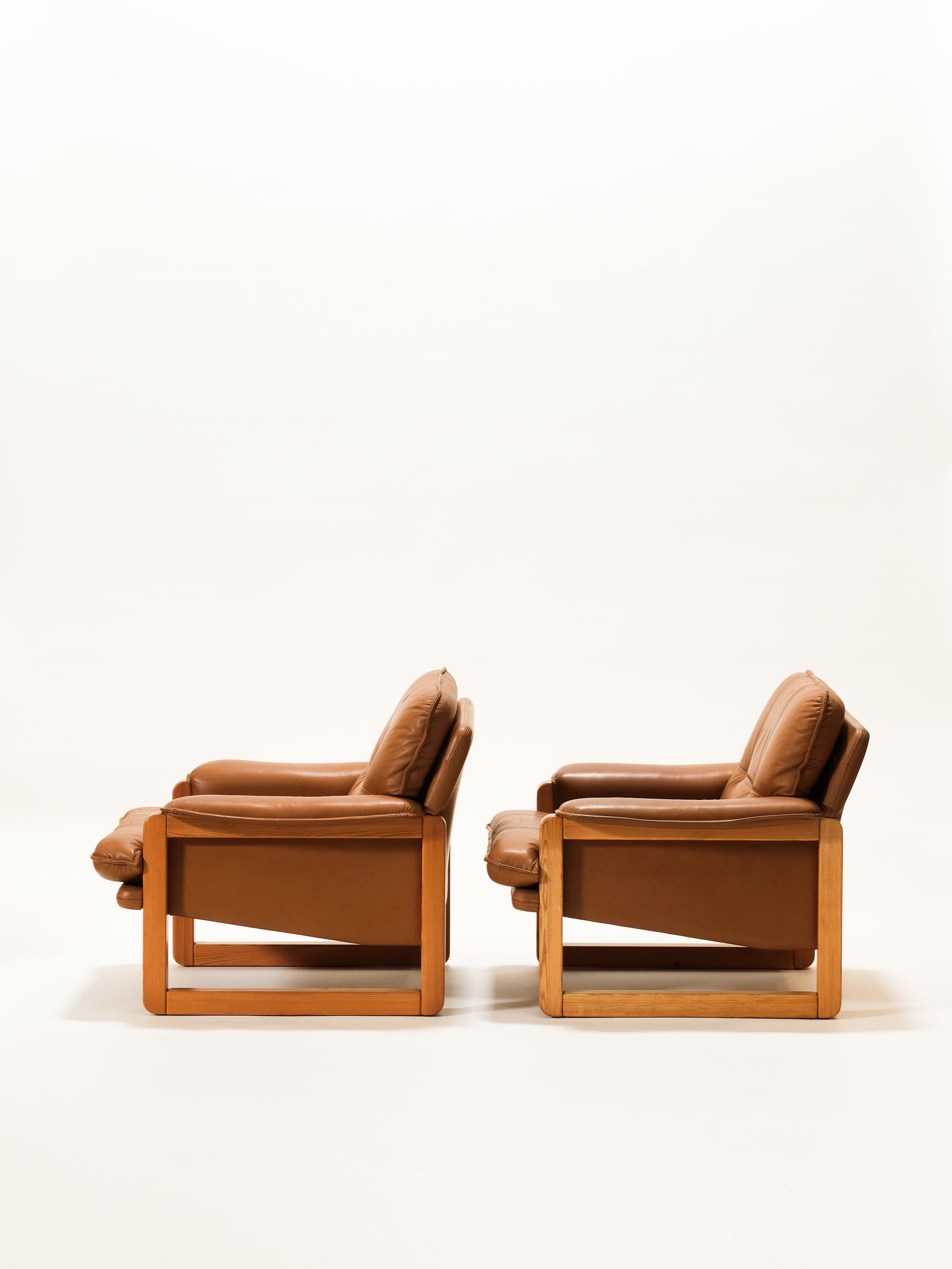 Cognac Leather and Pine Lounge Chairs by Ikea, 1970s
