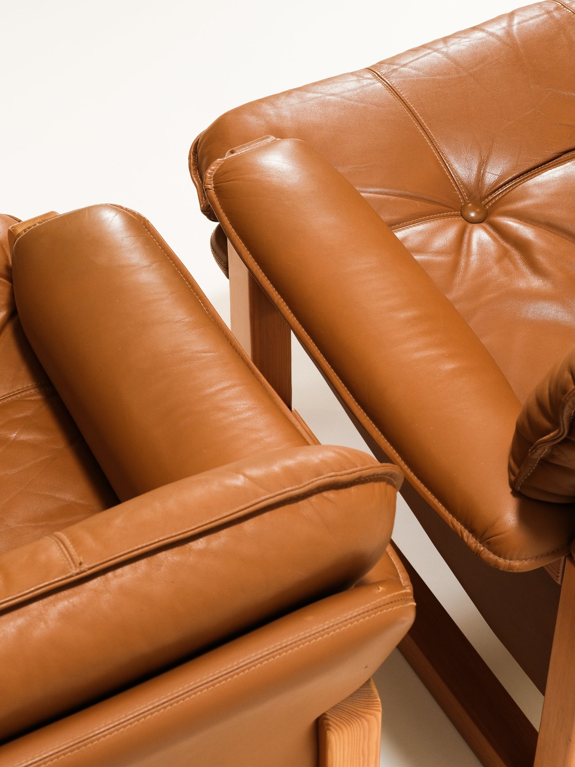 Cognac Leather and Pine Lounge Chairs by Ikea, 1970s