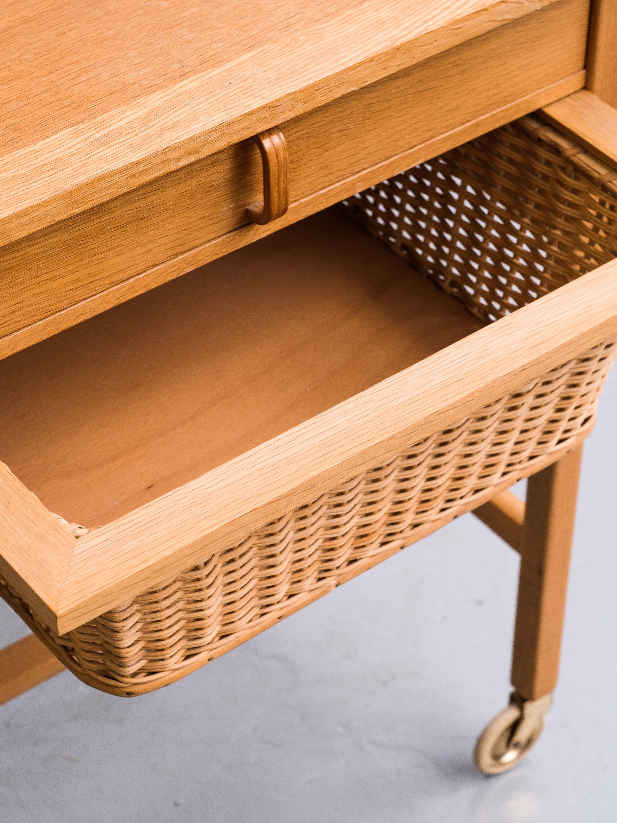 Oak Side Table with Rattan Basket, Design Bertil Fridhagen, Bodafors, Sweden, 1960s