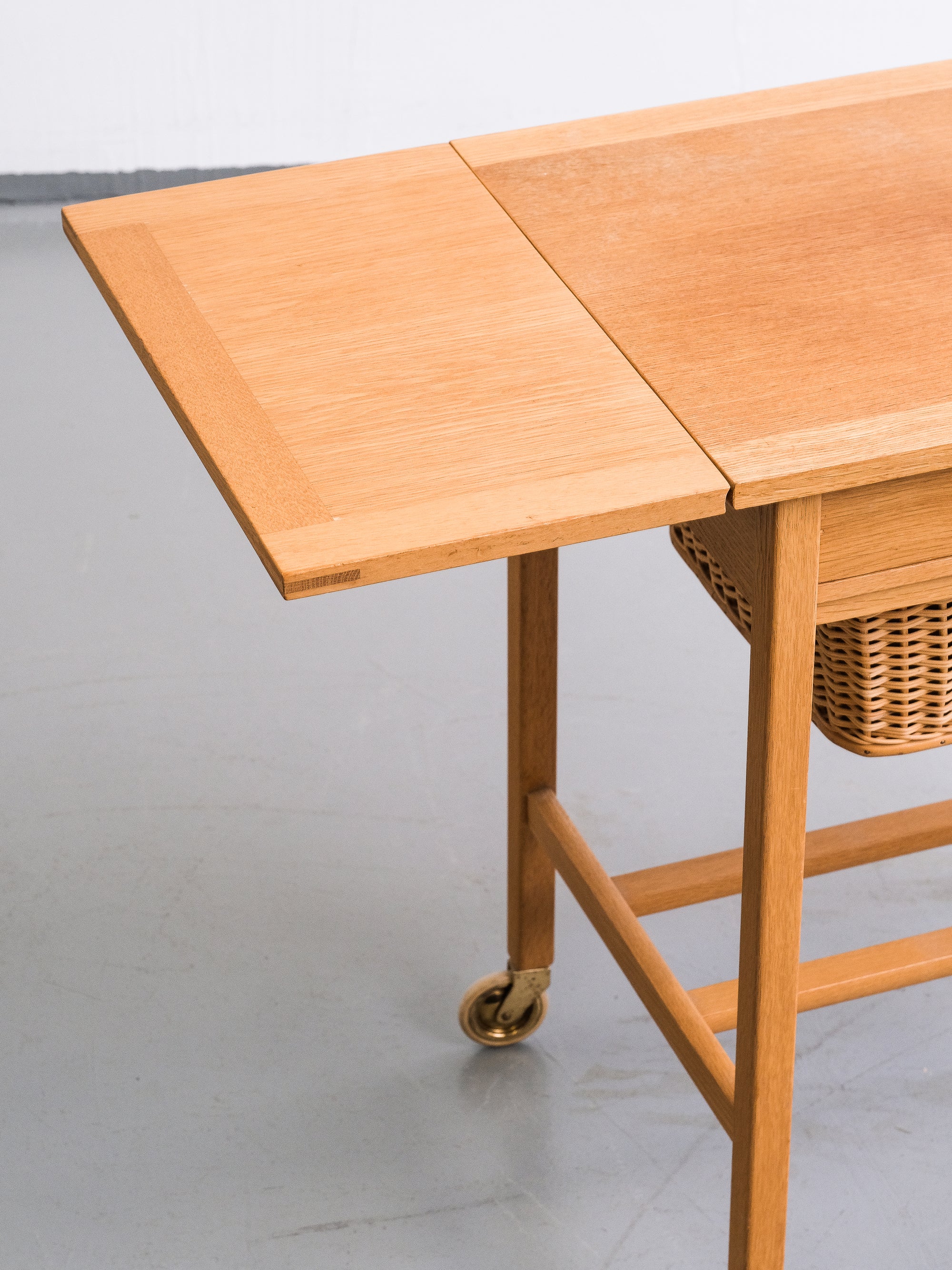 Oak Side Table with Rattan Basket, Design Bertil Fridhagen, Bodafors, Sweden, 1960s