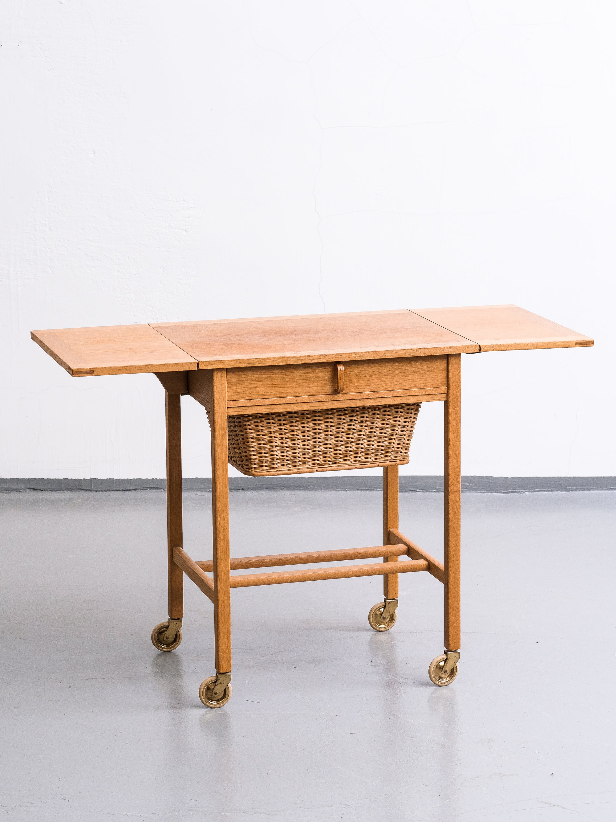 Oak Side Table with Rattan Basket, Design Bertil Fridhagen, Bodafors, Sweden, 1960s