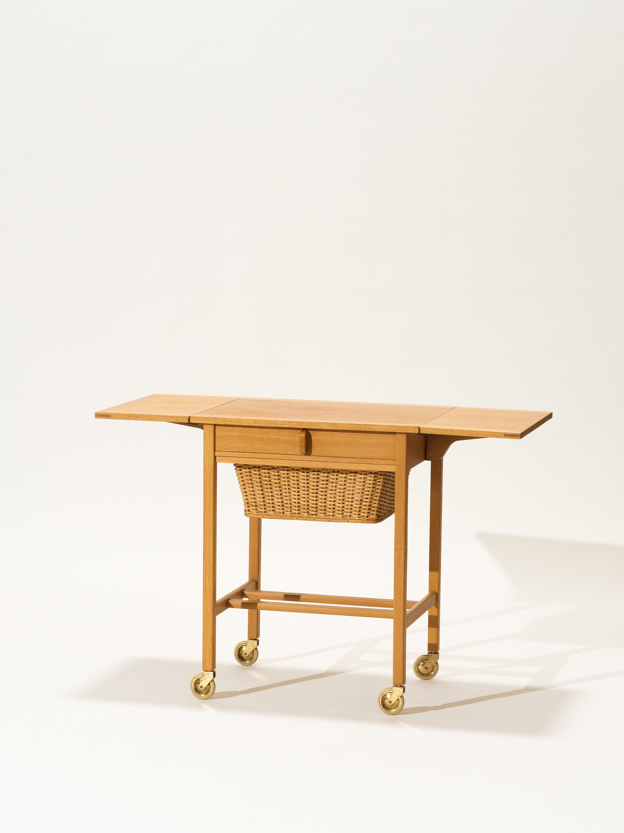 Oak Side Table with Rattan Basket, Design Bertil Fridhagen, Bodafors, Sweden, 1960s