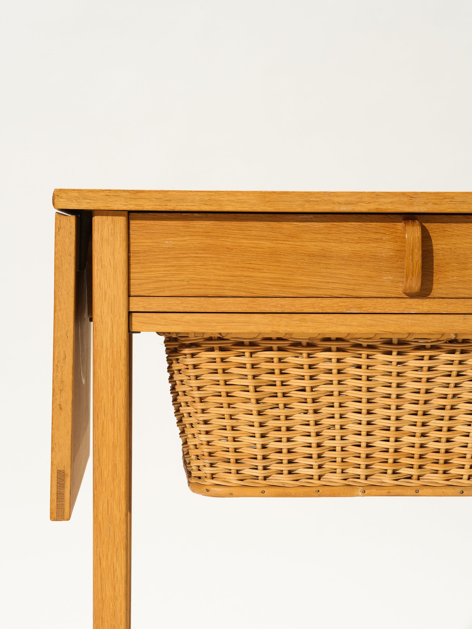 Oak Side Table with Rattan Basket, Design Bertil Fridhagen, Bodafors, Sweden, 1960s