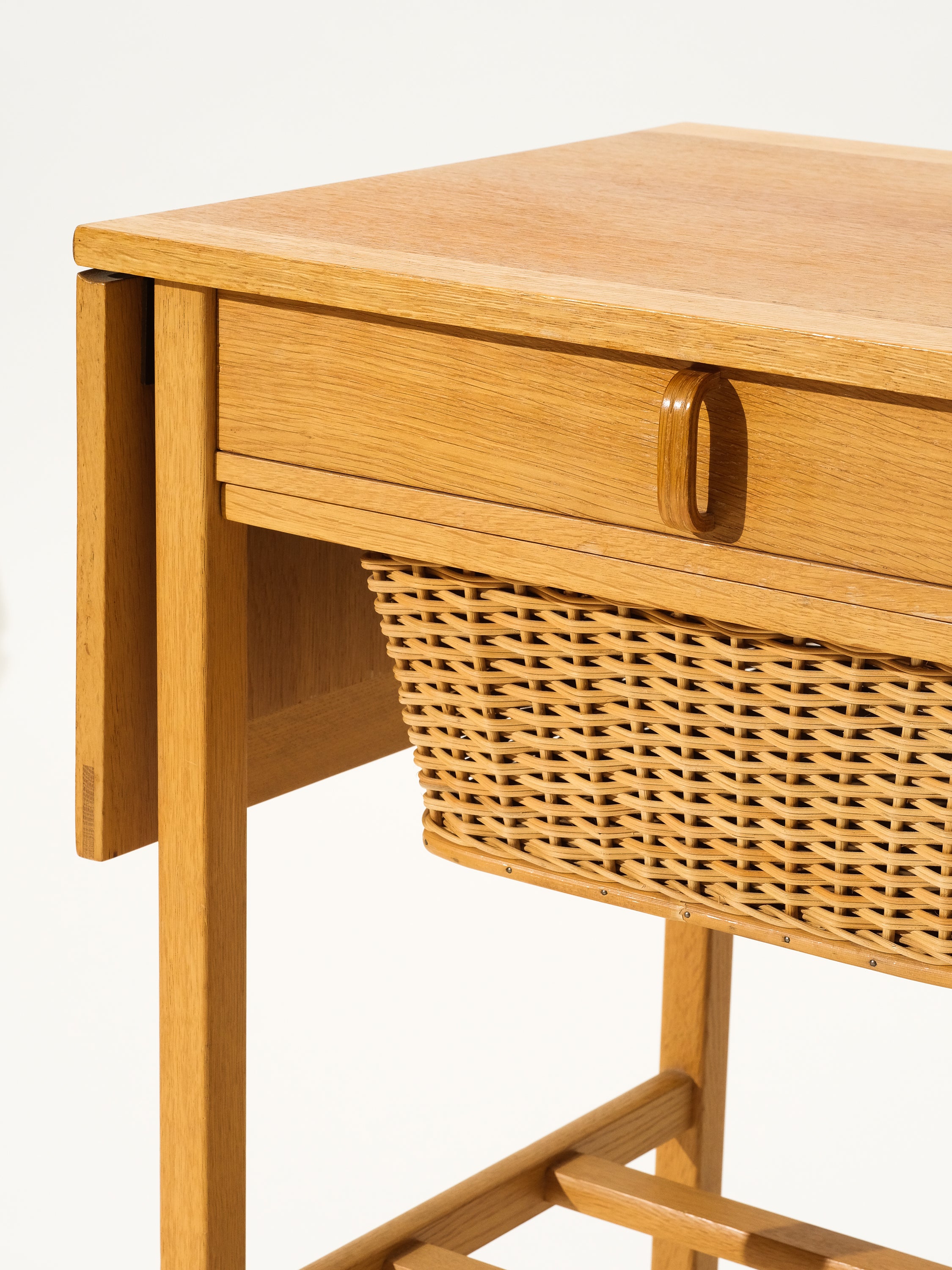 Oak Side Table with Rattan Basket, Design Bertil Fridhagen, Bodafors, Sweden, 1960s