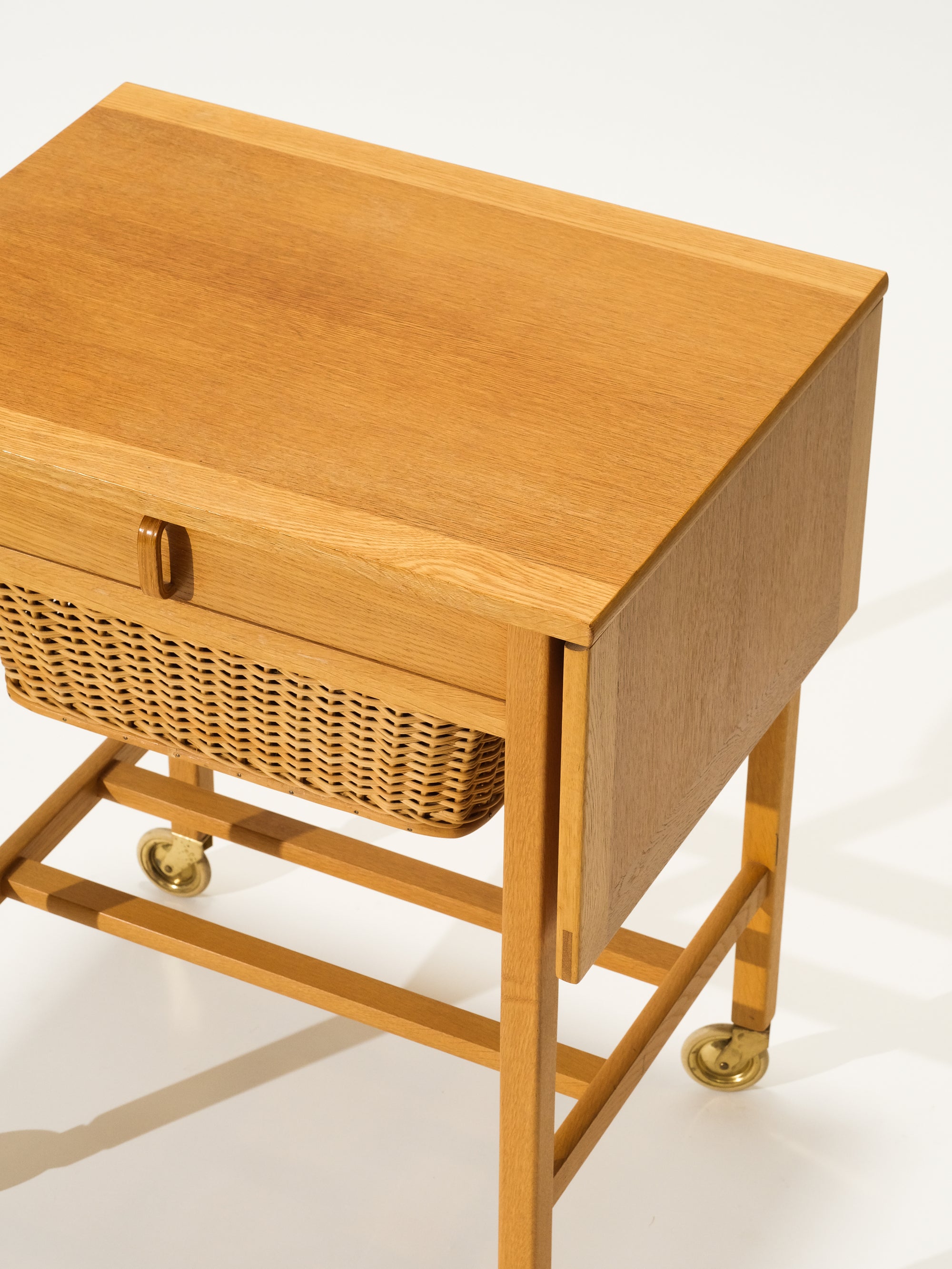 Oak Side Table with Rattan Basket, Design Bertil Fridhagen, Bodafors, Sweden, 1960s