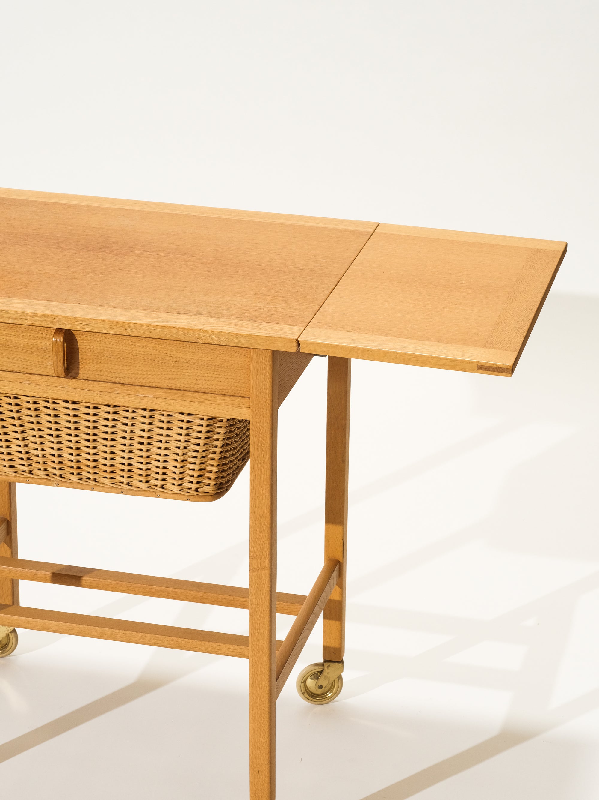 Oak Side Table with Rattan Basket, Design Bertil Fridhagen, Bodafors, Sweden, 1960s