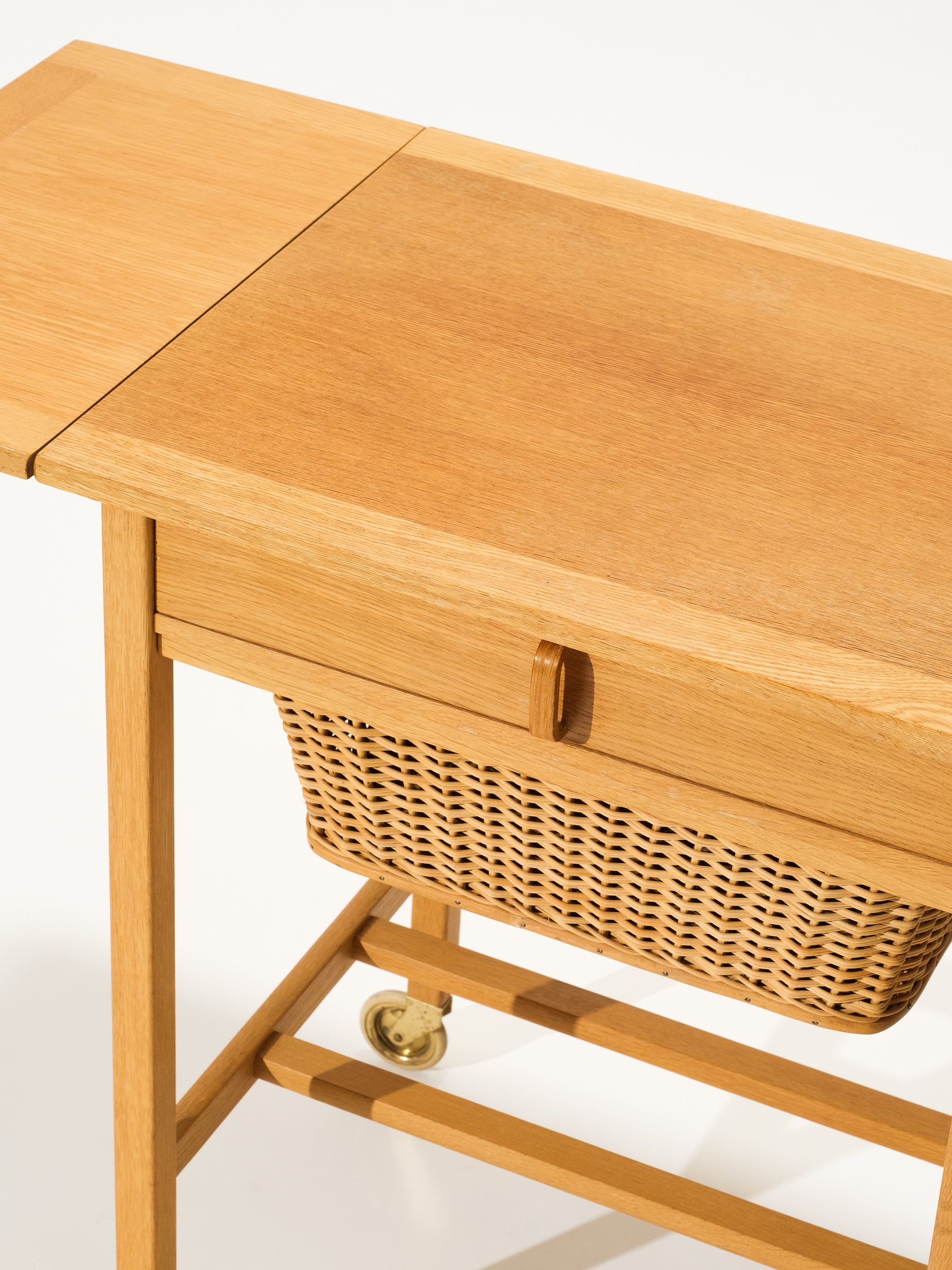 Oak Side Table with Rattan Basket, Design Bertil Fridhagen, Bodafors, Sweden, 1960s