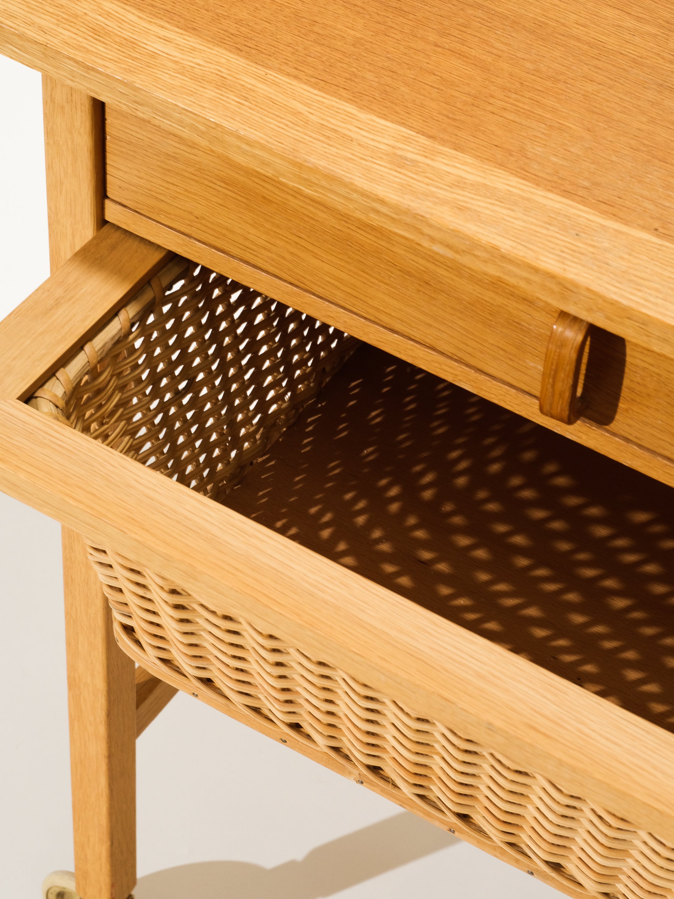 Oak Side Table with Rattan Basket, Design Bertil Fridhagen, Bodafors, Sweden, 1960s