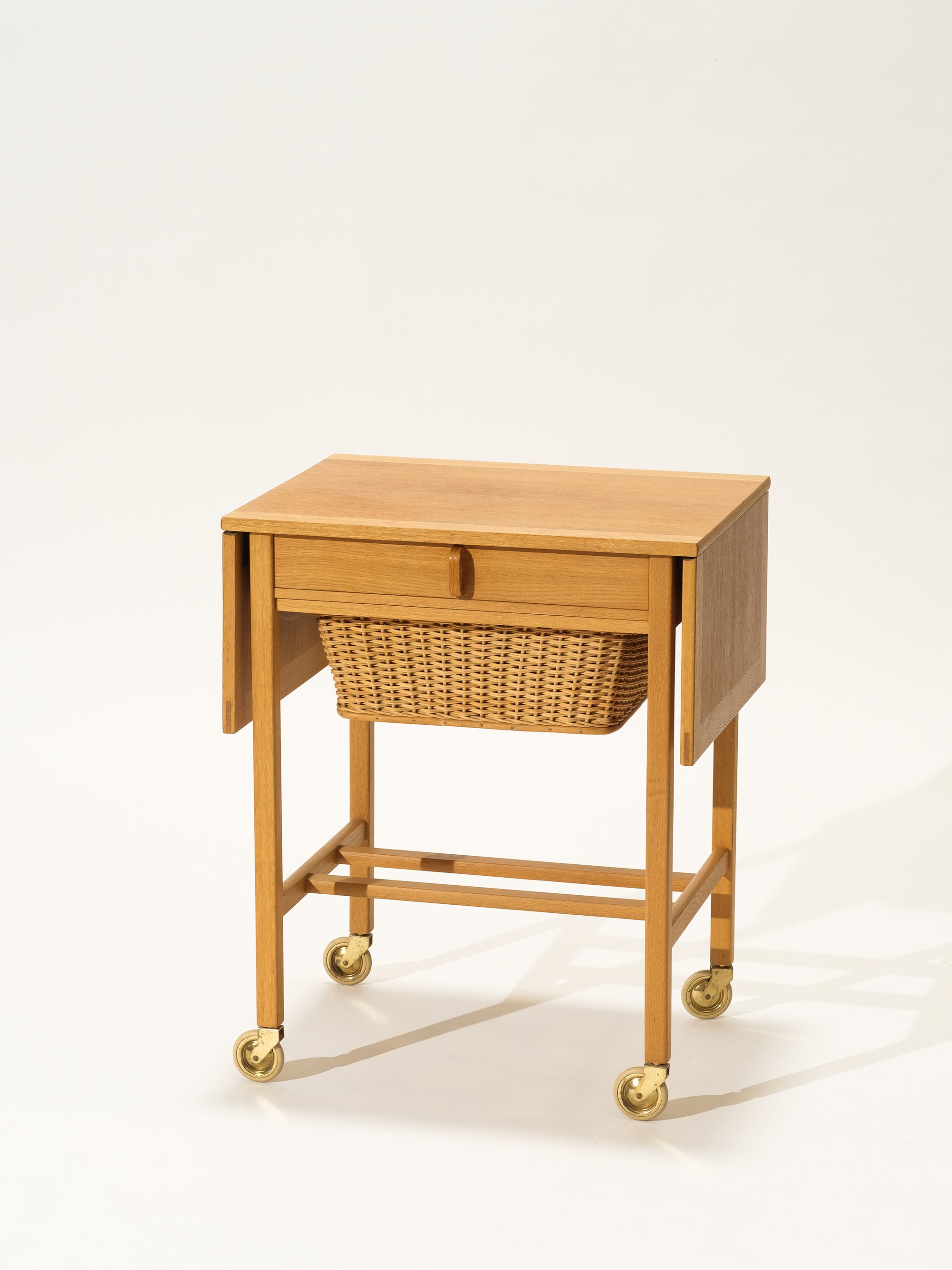 Oak Side Table with Rattan Basket, Design Bertil Fridhagen, Bodafors, Sweden, 1960s