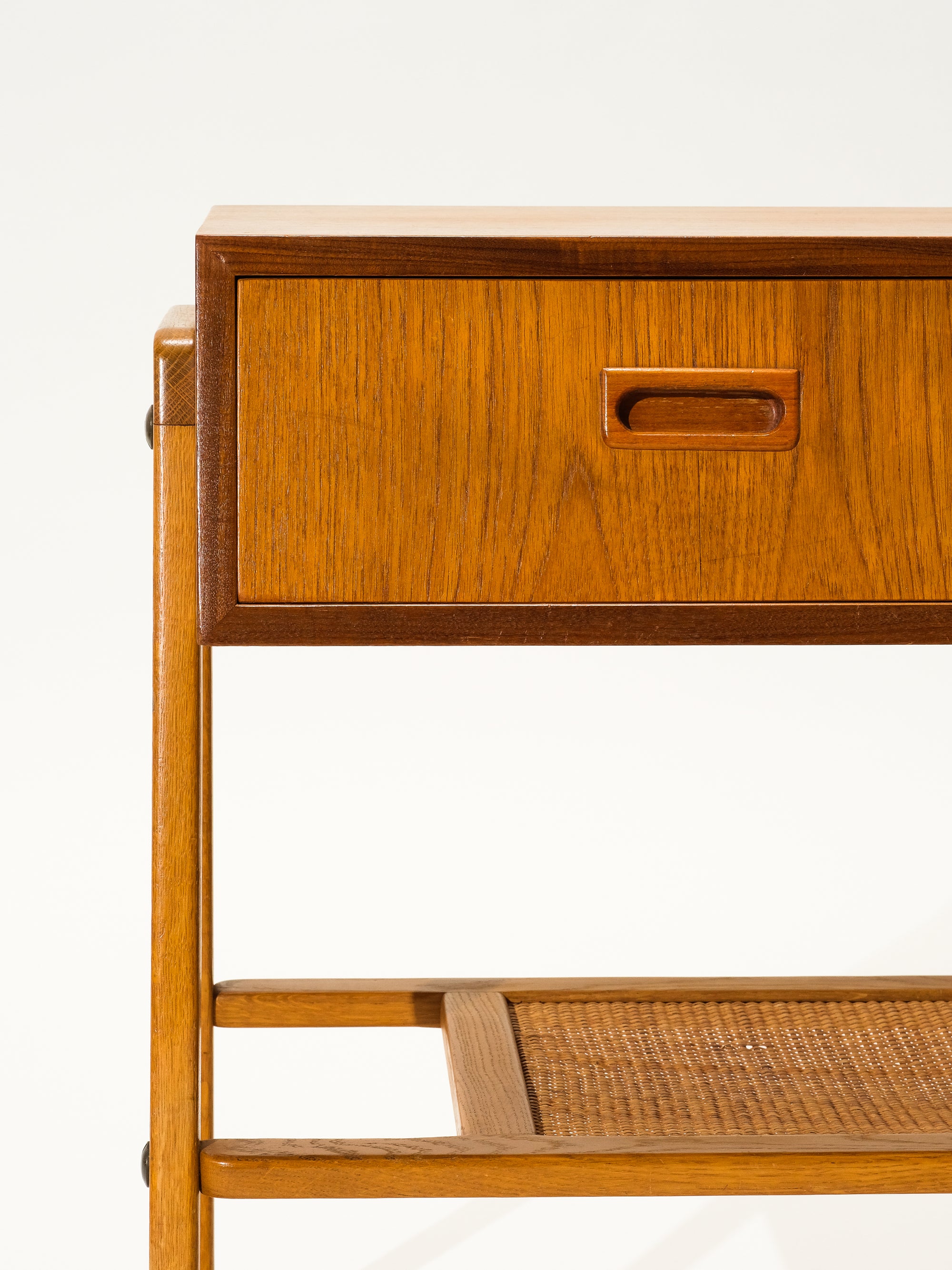 Mid-Century Teak &amp; Oak Side Table with Drawer and Rattan Shelf