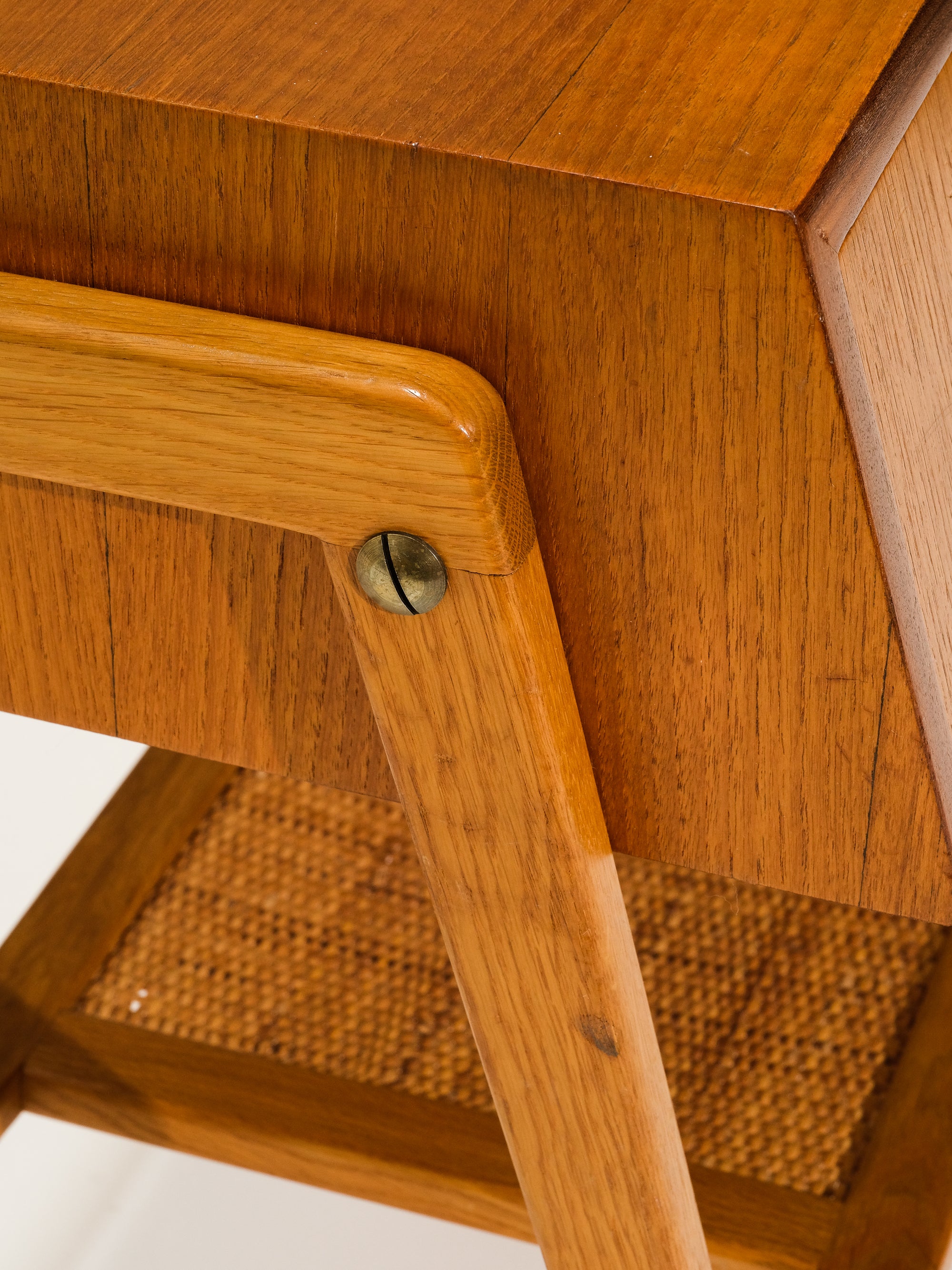 Mid-Century Teak &amp; Oak Side Table with Drawer and Rattan Shelf