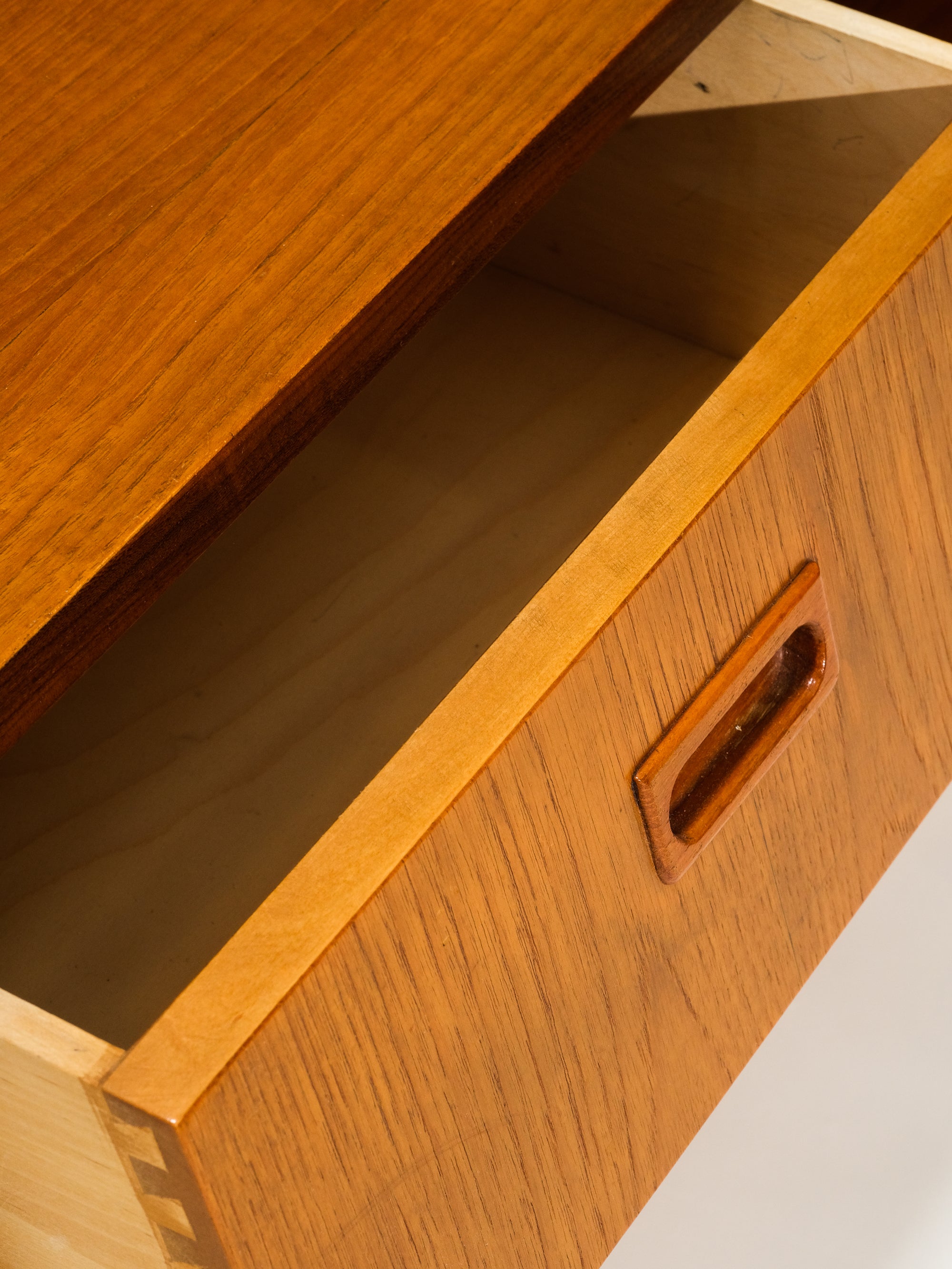 Mid-Century Teak &amp; Oak Side Table with Drawer and Rattan Shelf