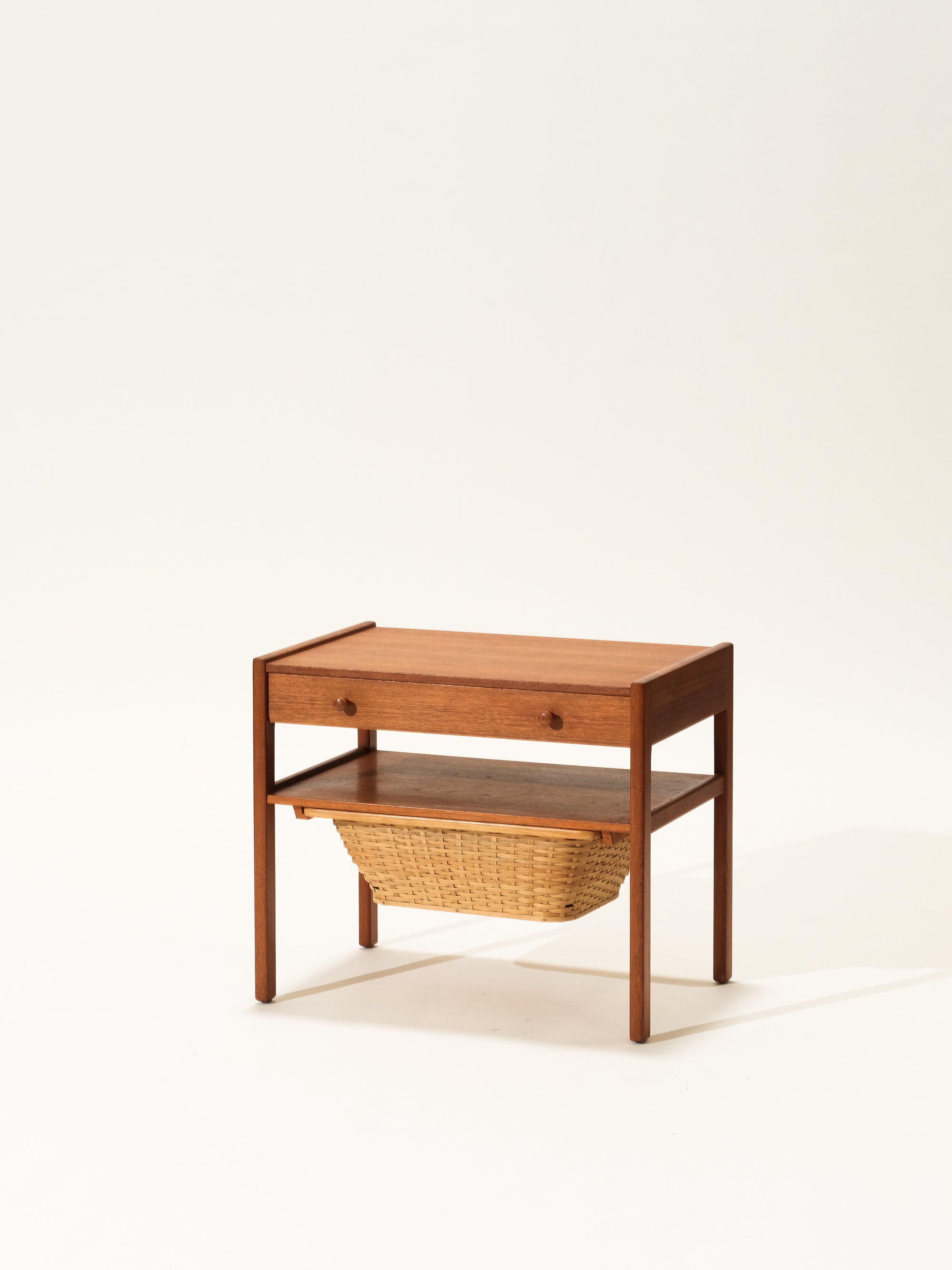 Mid-Century Teak Sewing Table with Rattan Basket