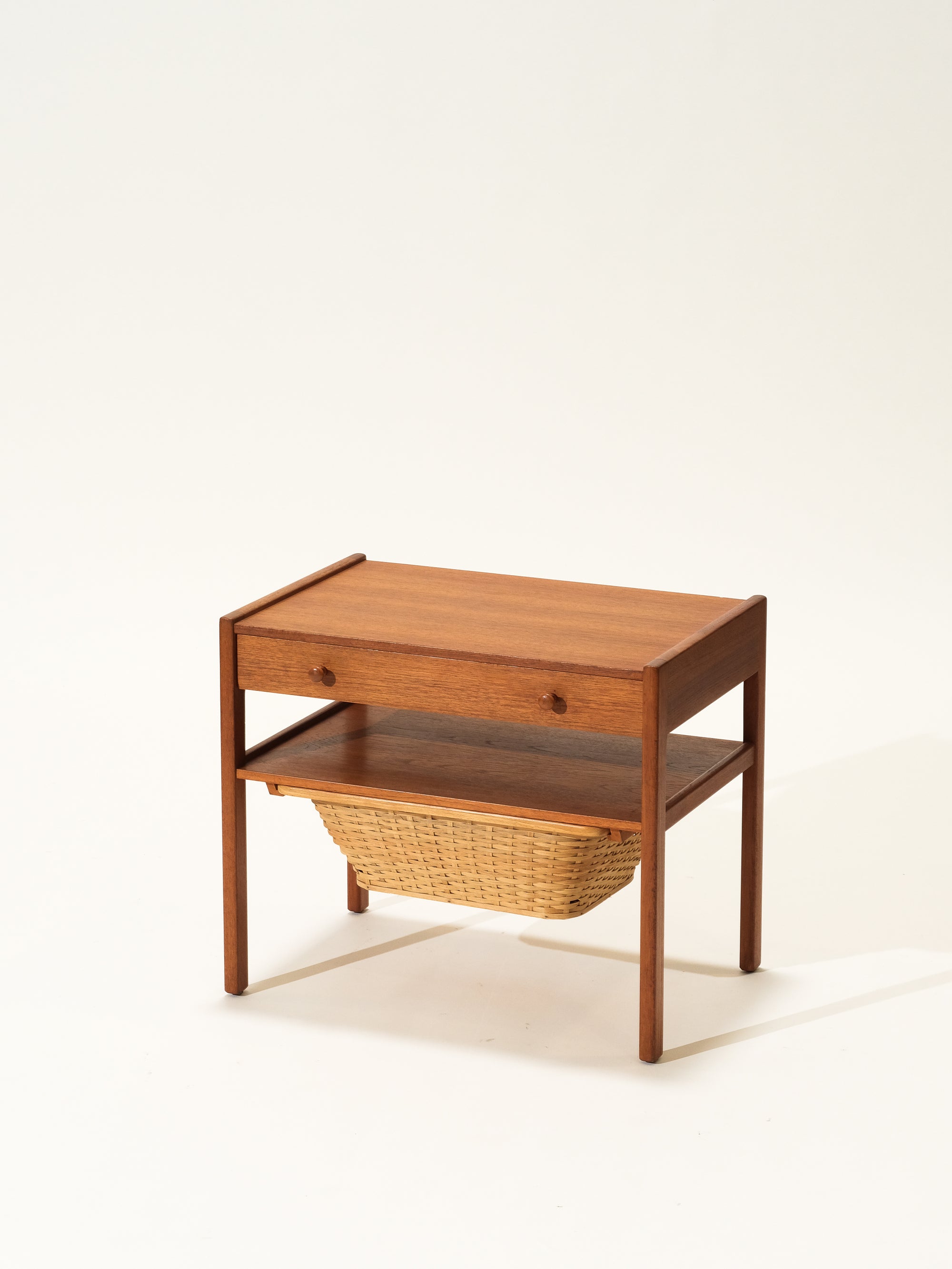 Mid-Century Teak Sewing Table with Rattan Basket