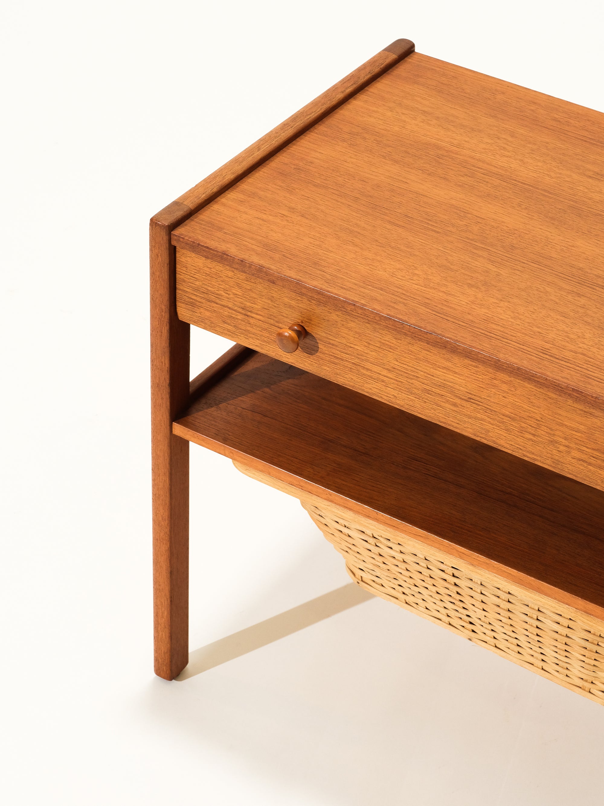 Mid-Century Teak Sewing Table with Rattan Basket