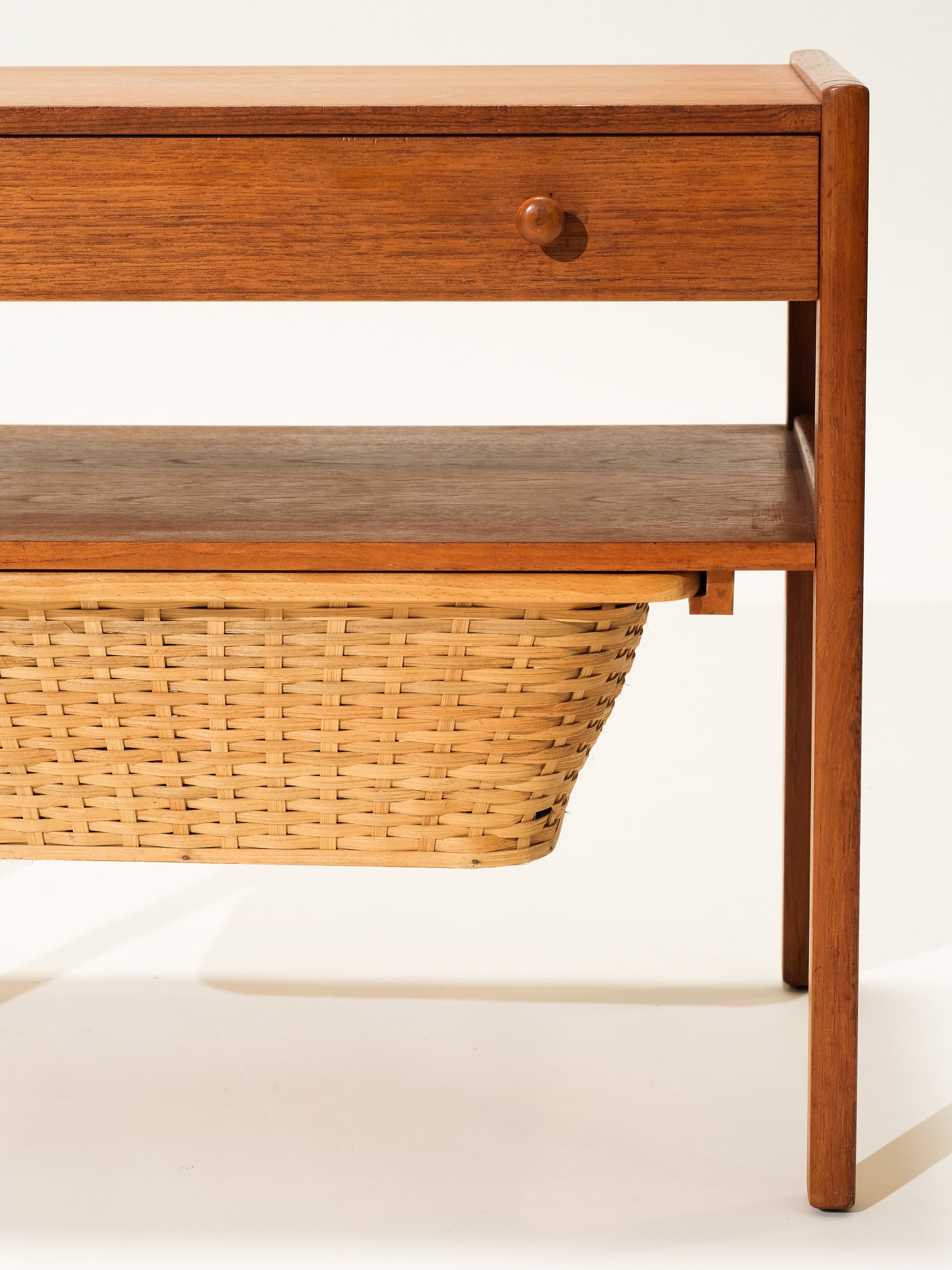 Mid-Century Teak Sewing Table with Rattan Basket