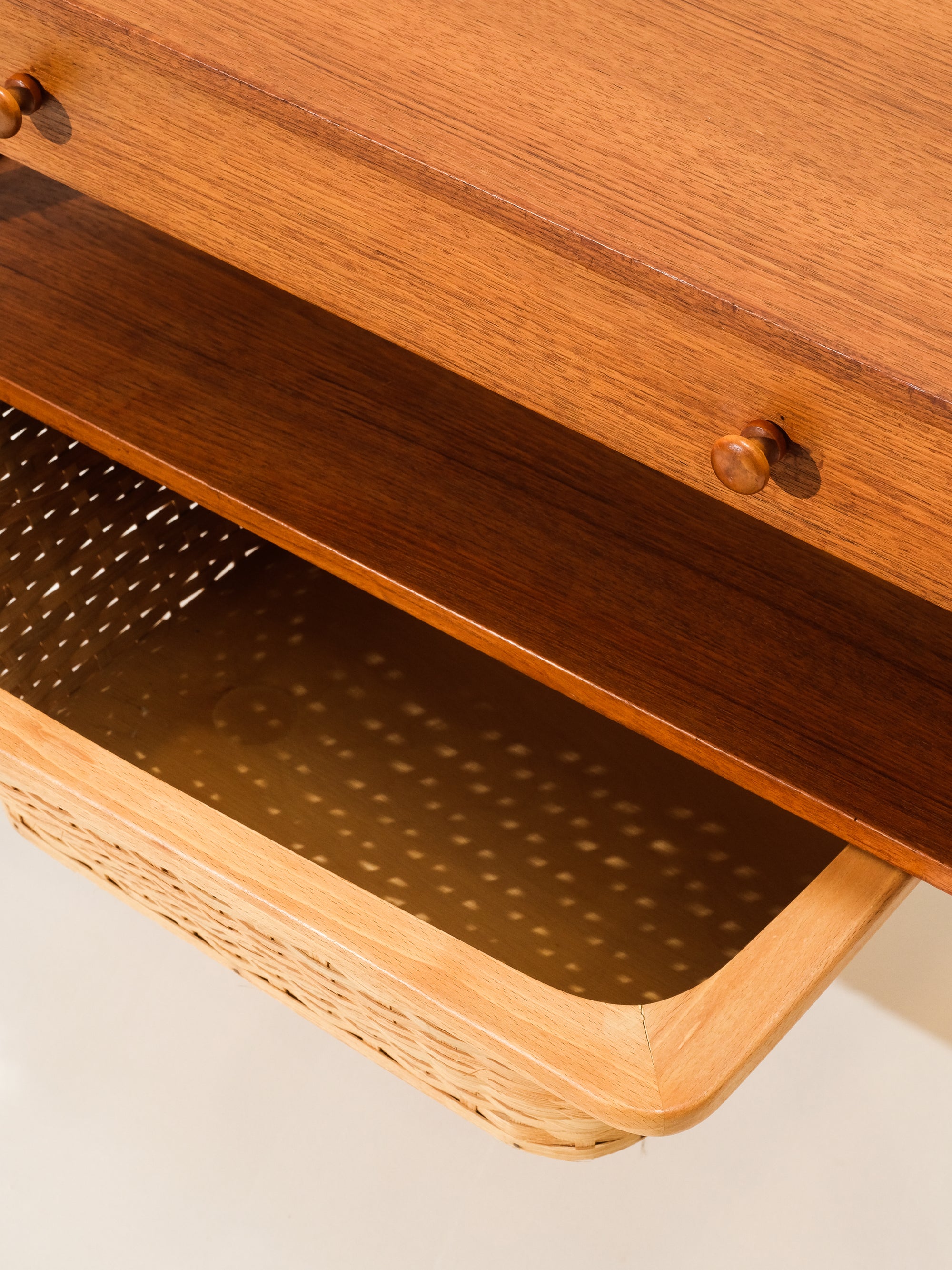Mid-Century Teak Sewing Table with Rattan Basket
