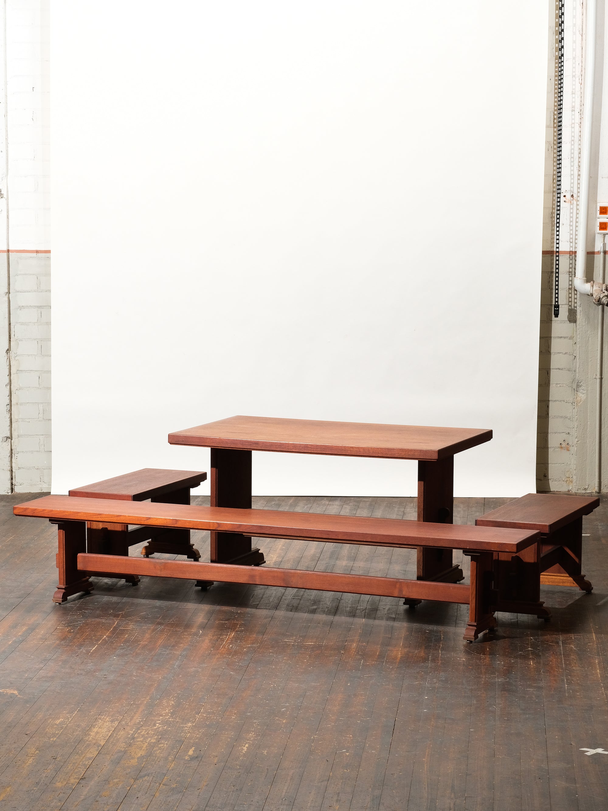 Mid-Century Trestle Dining Table and Benches in Teak