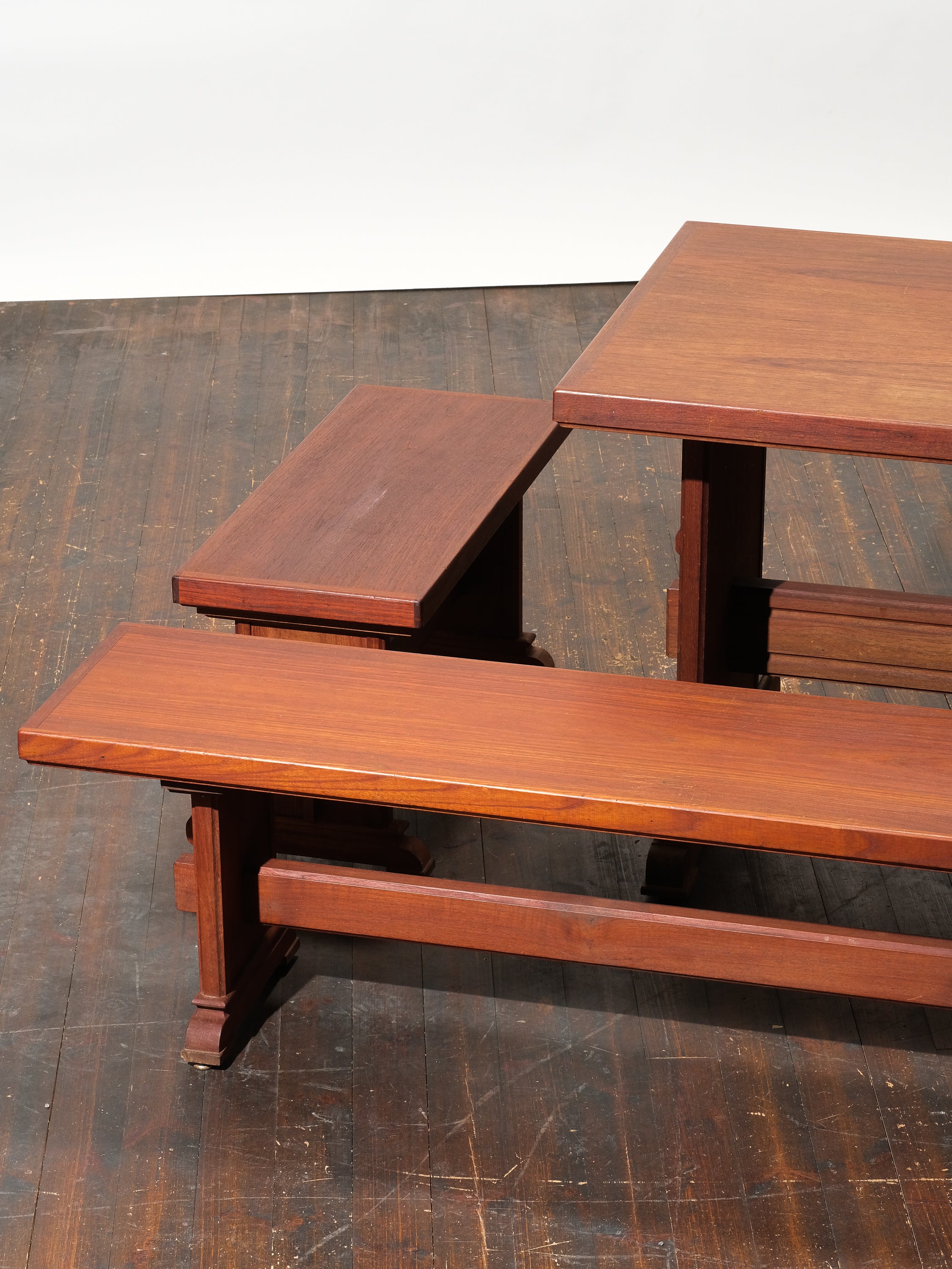 Mid-Century Trestle Dining Table and Benches in Teak