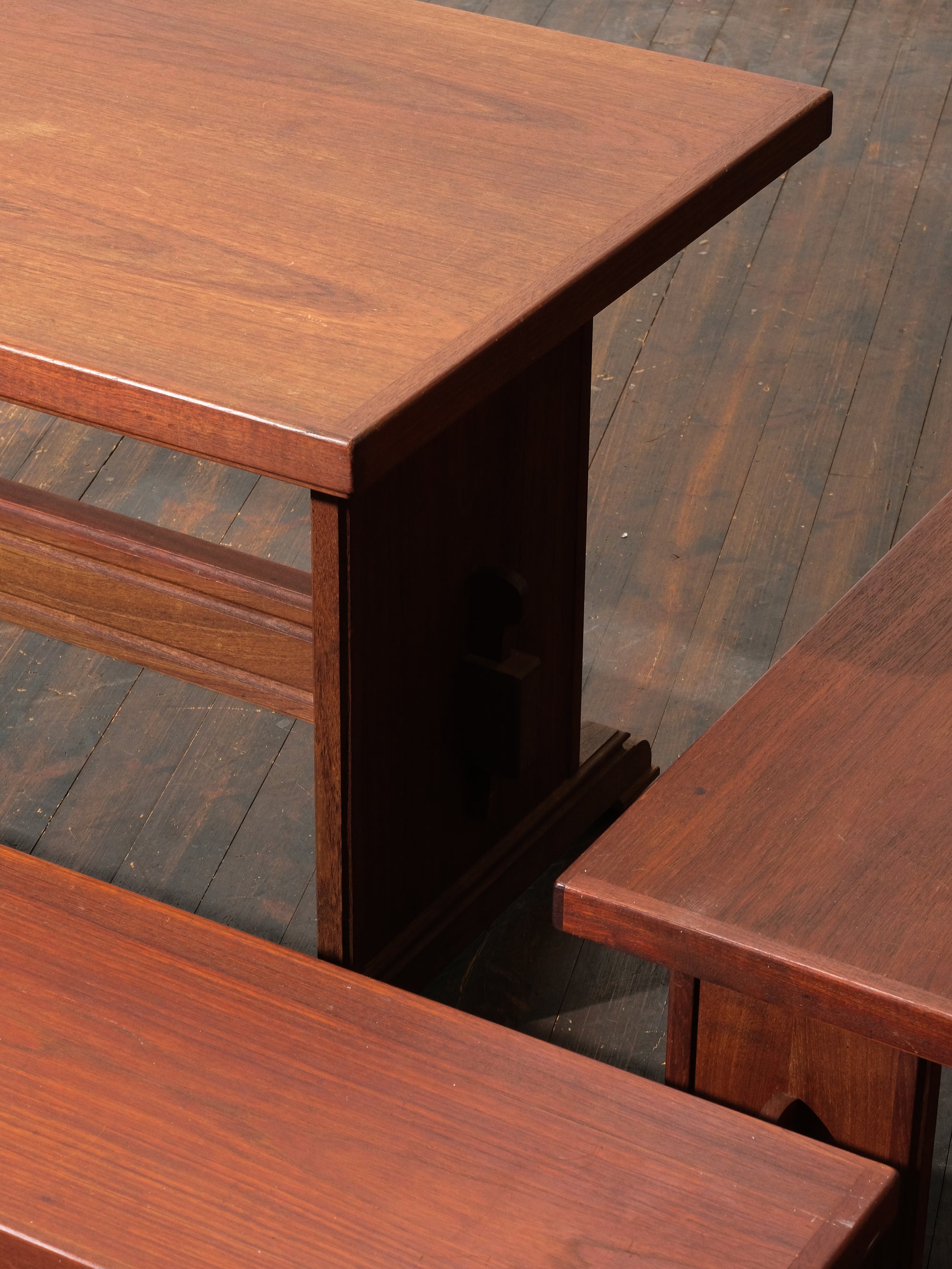 Mid-Century Trestle Dining Table and Benches in Teak