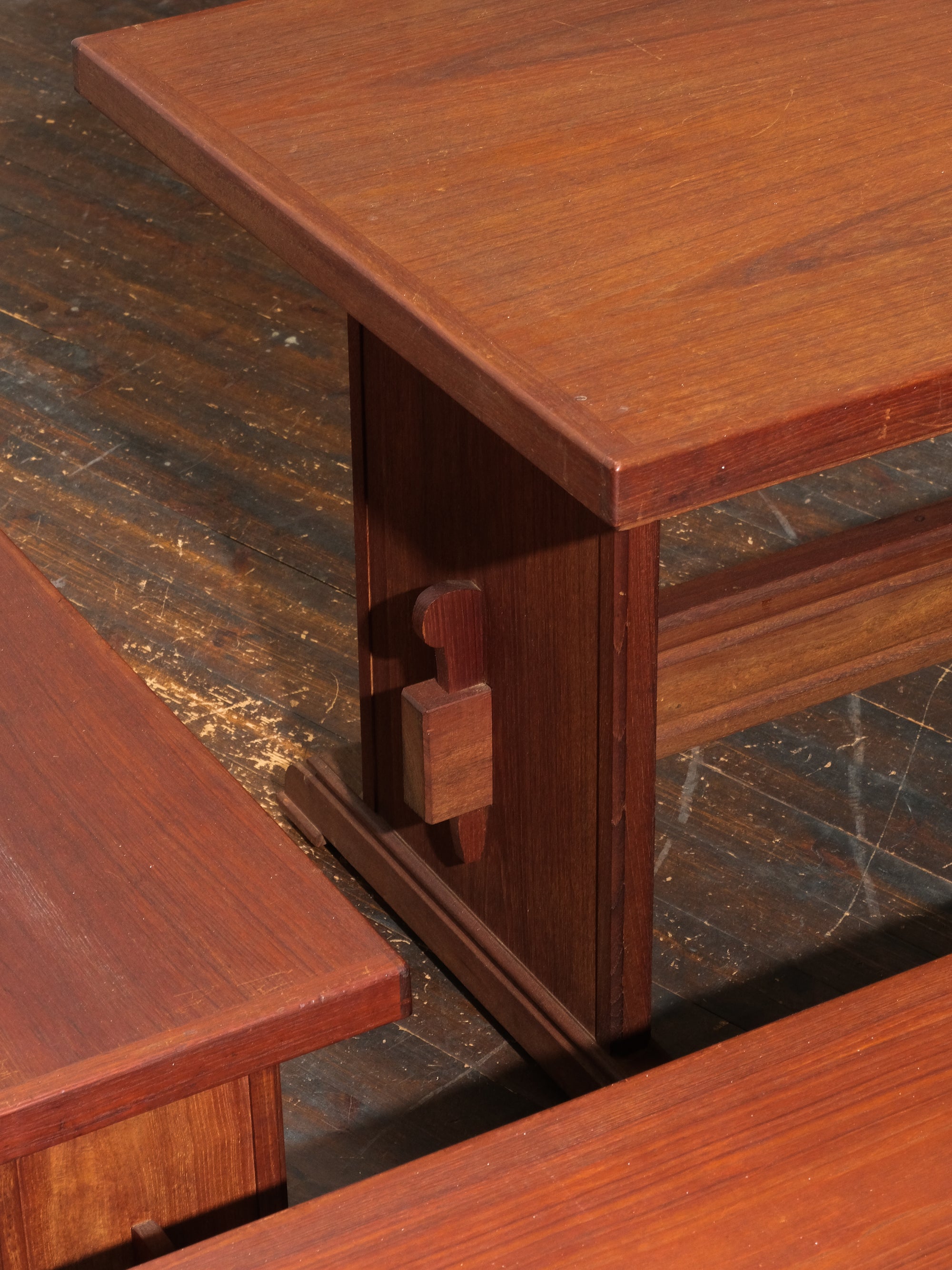 Mid-Century Trestle Dining Table and Benches in Teak