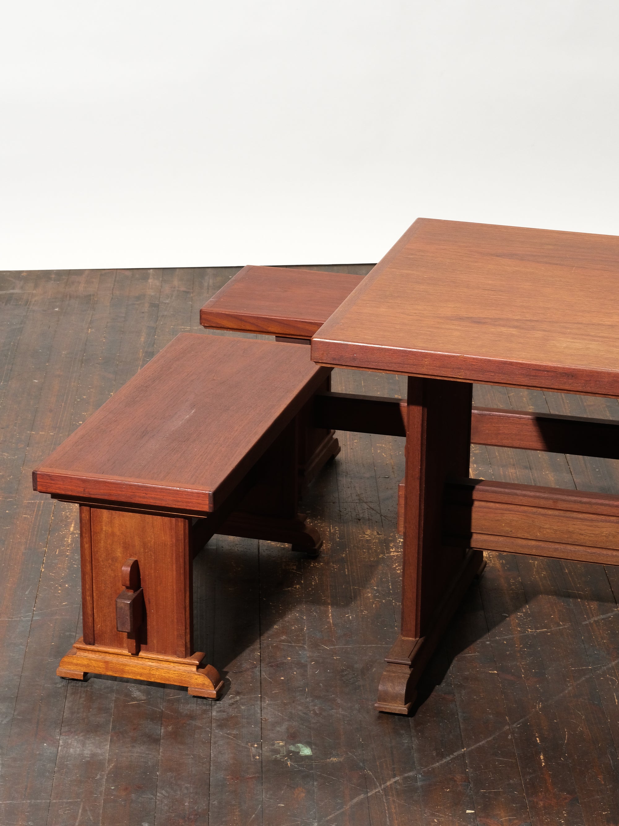 Mid-Century Trestle Dining Table and Benches in Teak