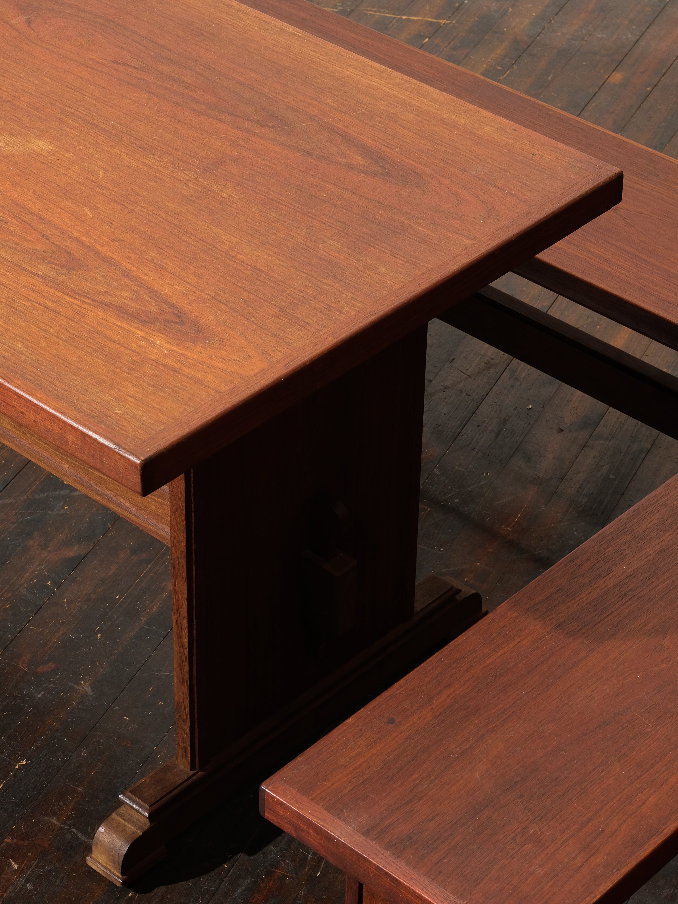 Mid-Century Trestle Dining Table and Benches in Teak