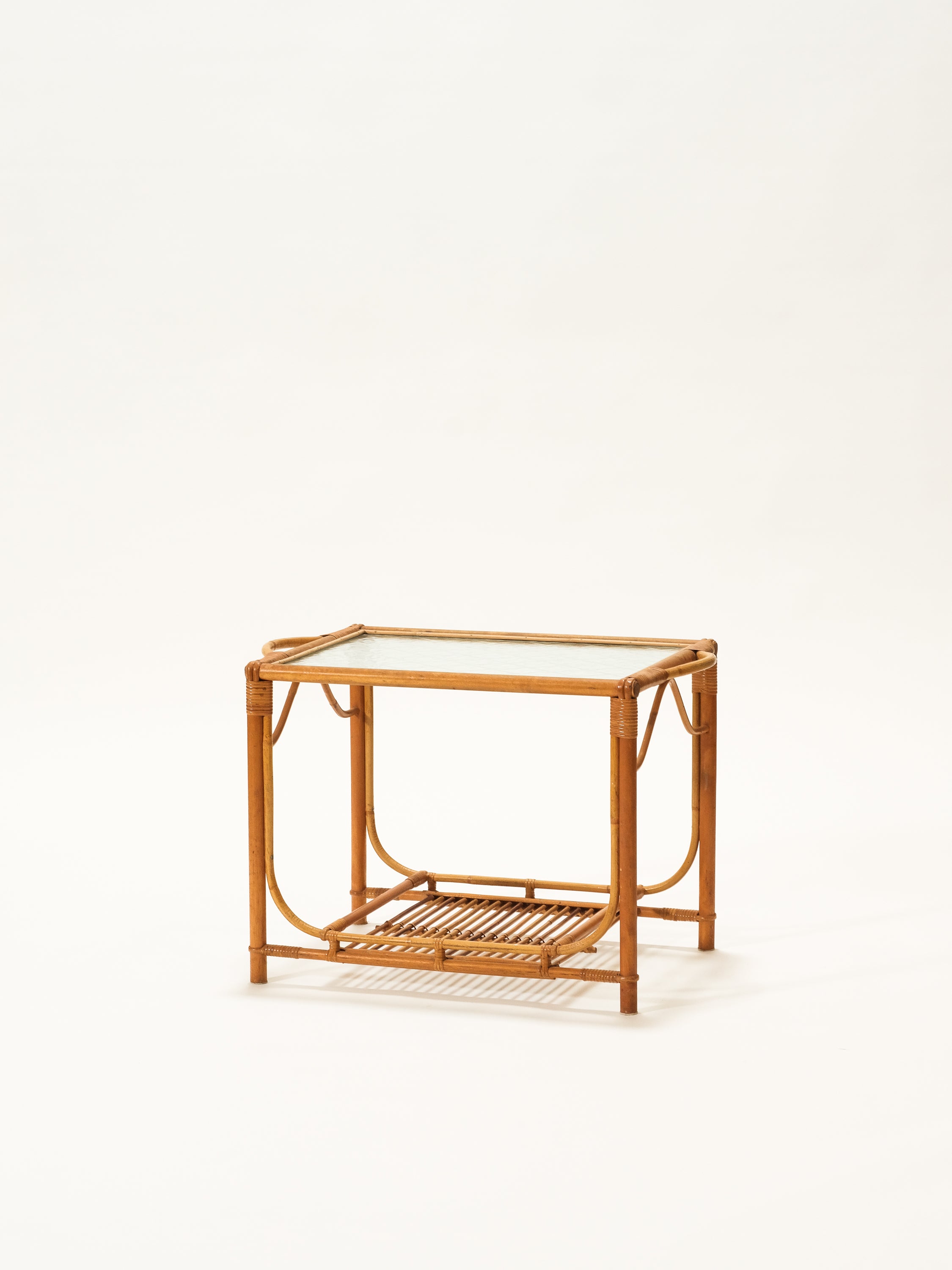 Bamboo, Rattan & Glass Side Table, 1950s