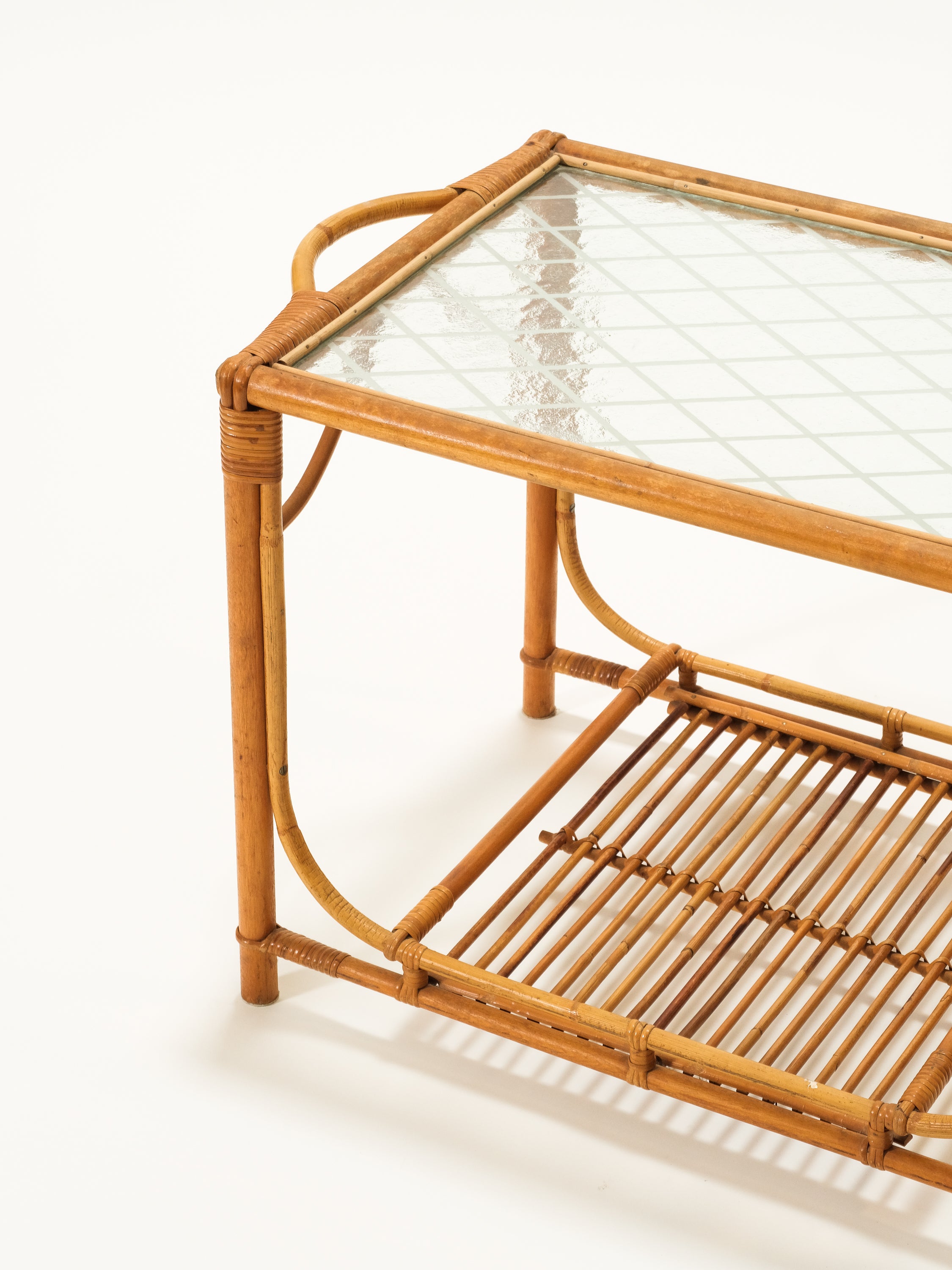 Bamboo, Rattan & Glass Side Table, 1950s