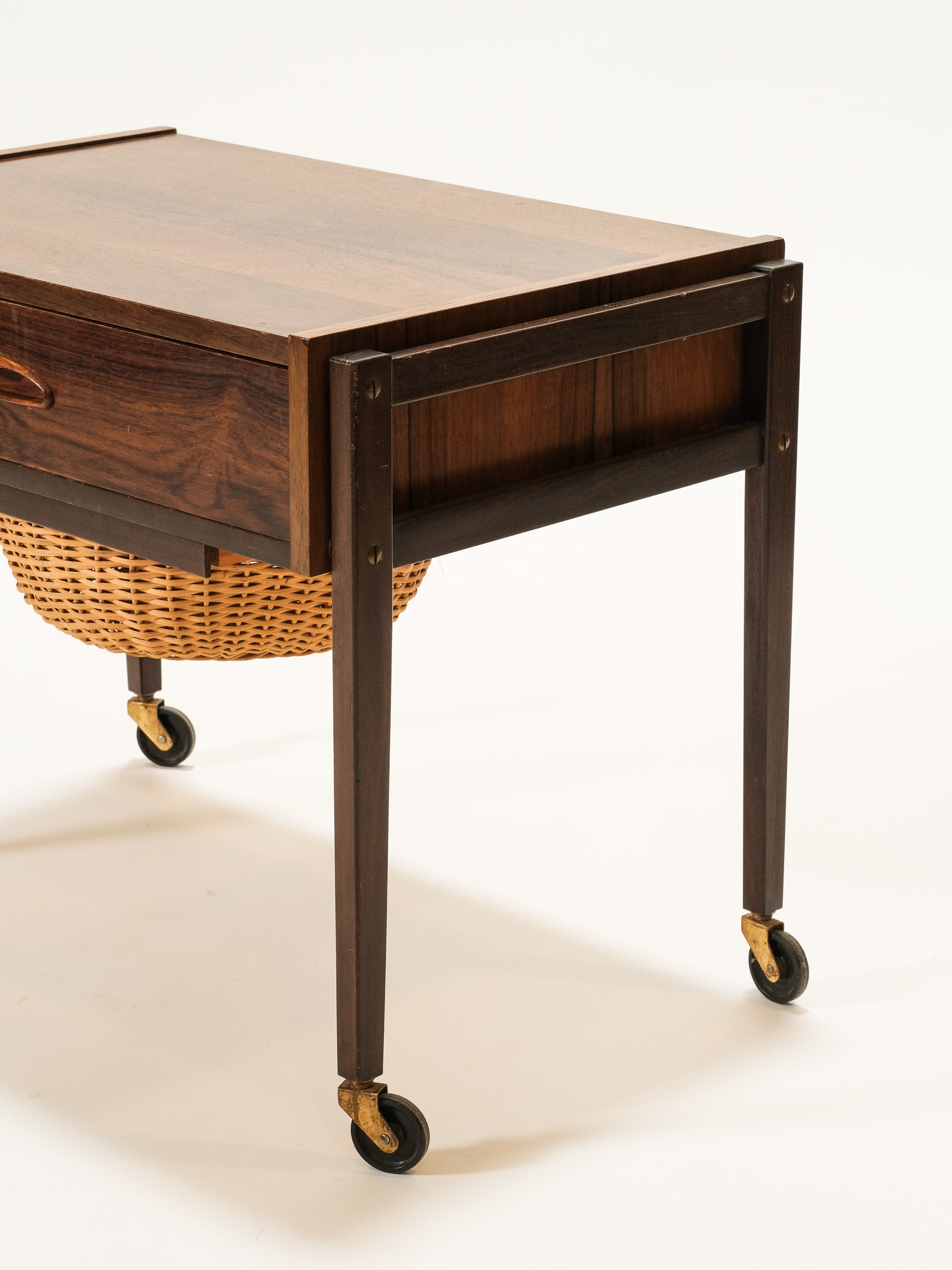 Mid-Century Rosewood Side Table with Rattan Basket, 1960s