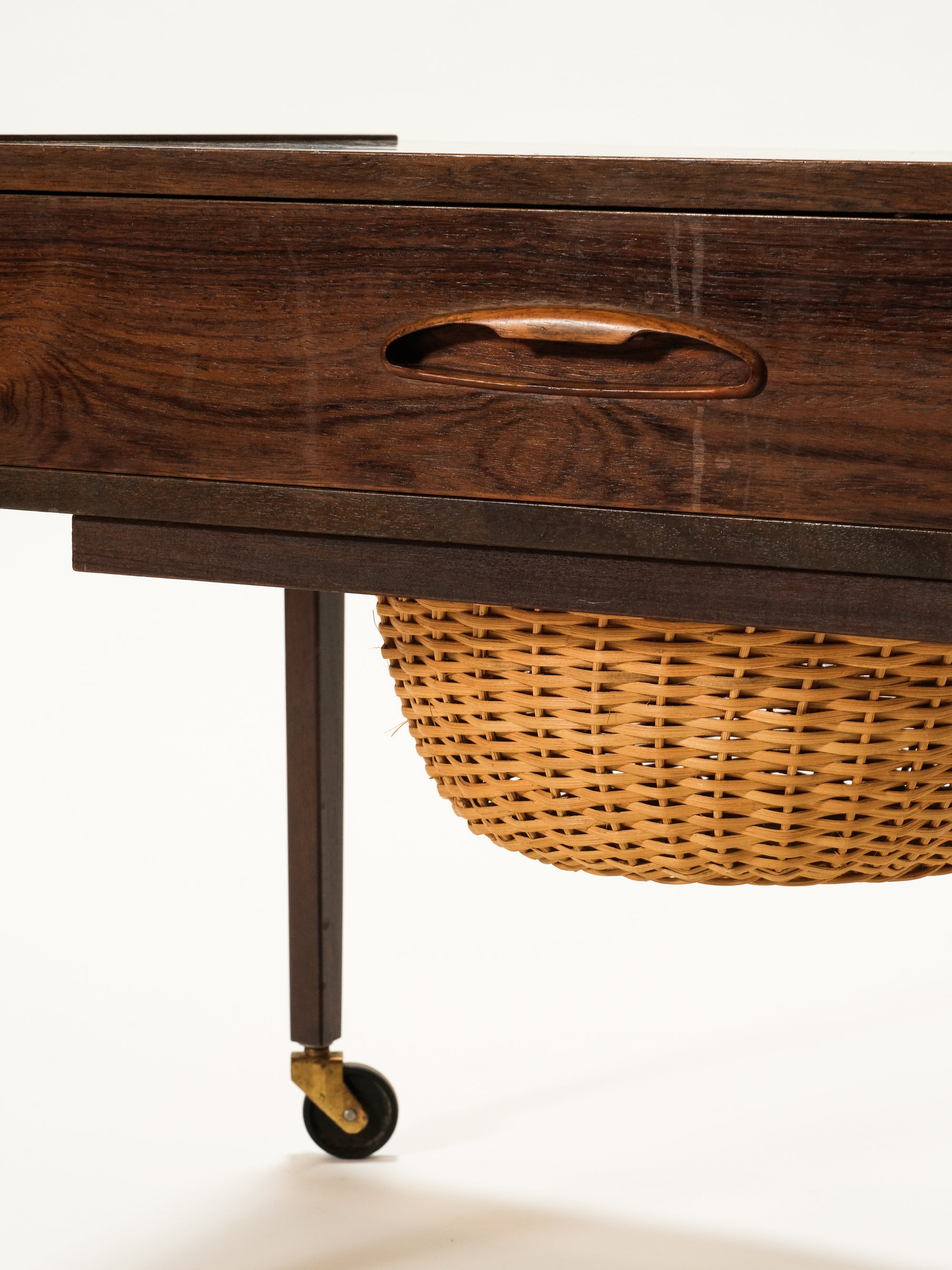 Mid-Century Rosewood Side Table with Rattan Basket, 1960s