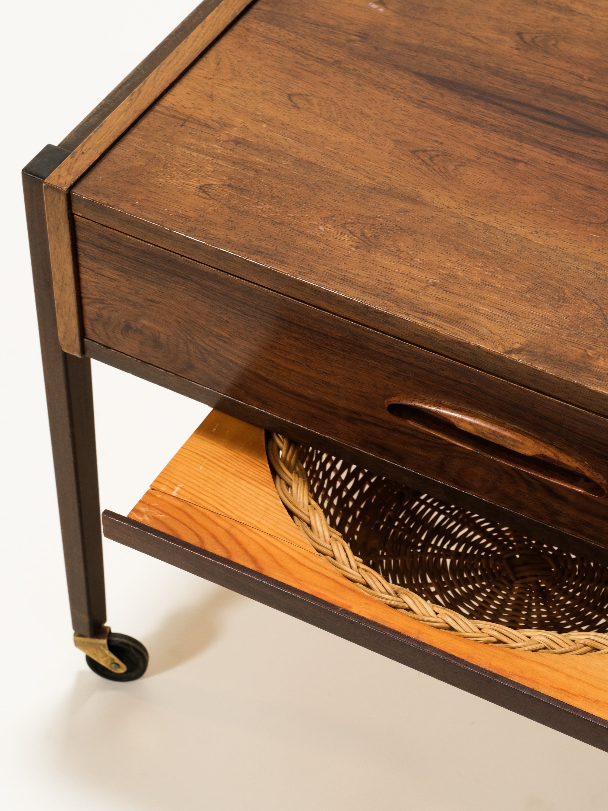 Mid-Century Rosewood Side Table with Rattan Basket, 1960s