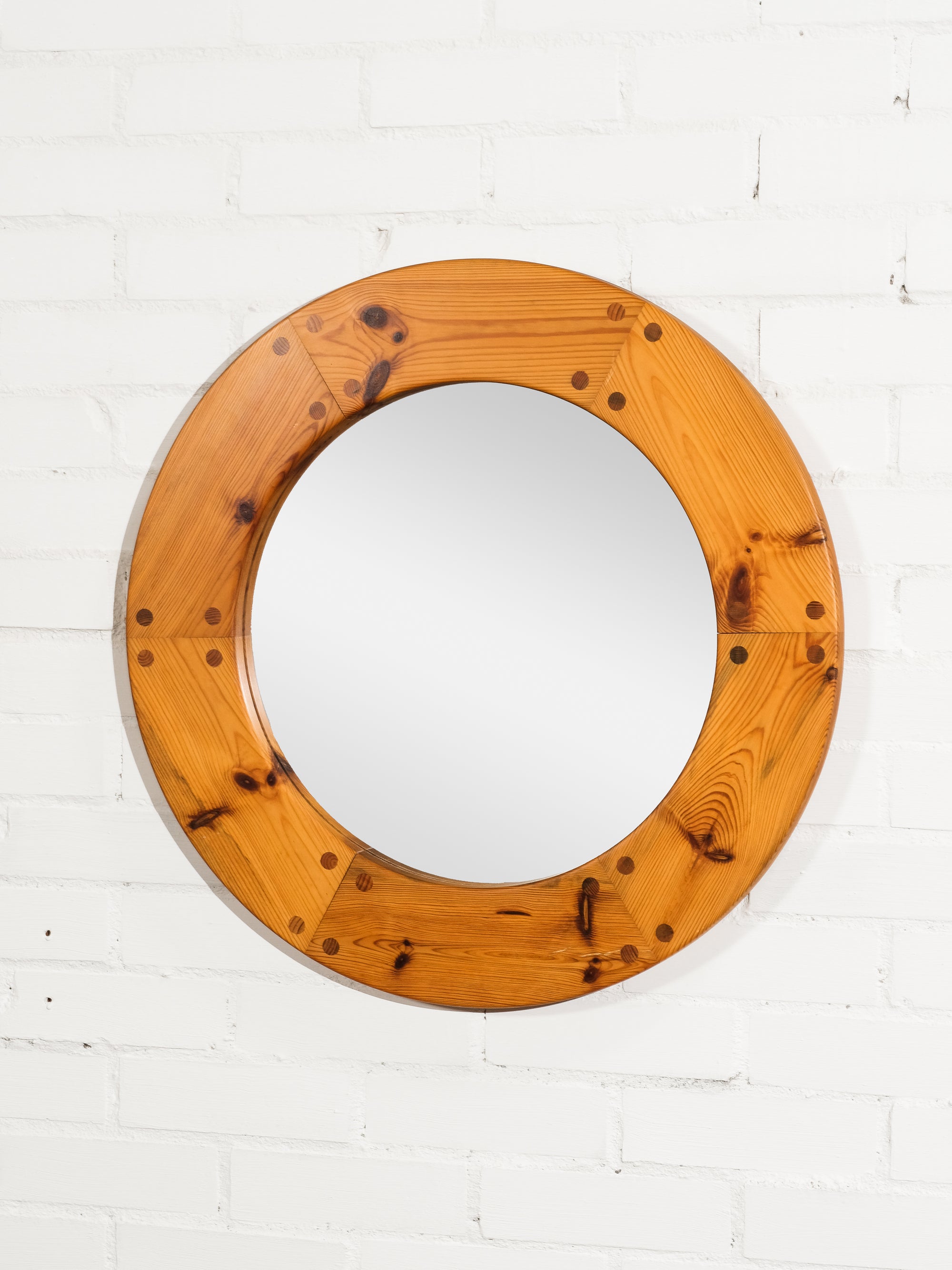 Round Pine Wall Mirror by Uno &amp; Östen Kristiansson for Luxus, Sweden, 1960s