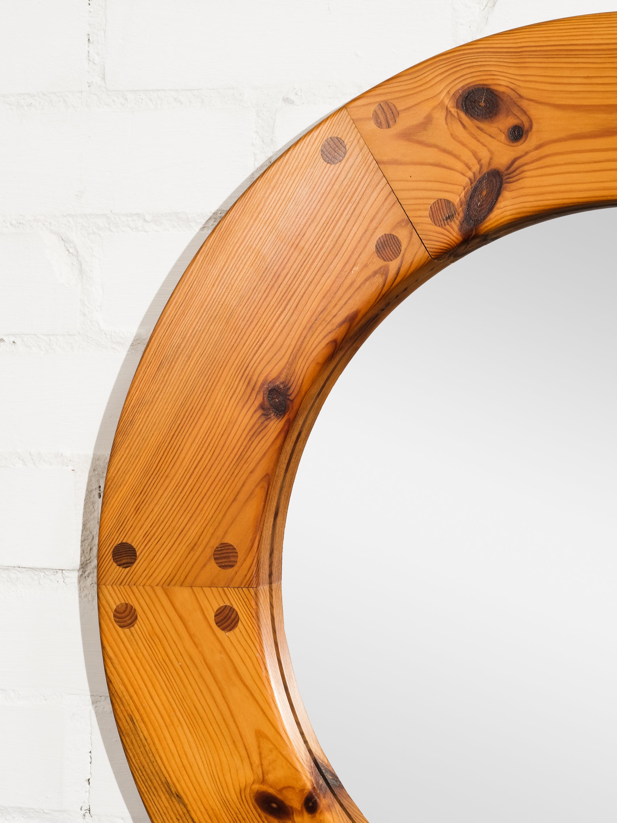 Round Pine Wall Mirror by Uno &amp; Östen Kristiansson for Luxus, Sweden, 1960s
