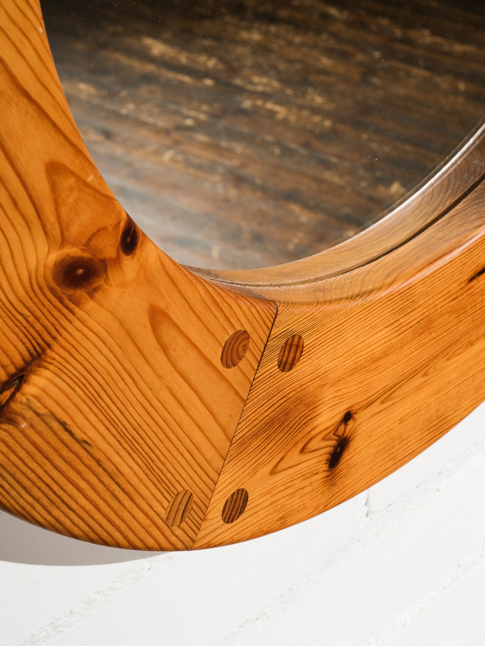 Round Pine Wall Mirror by Uno &amp; Östen Kristiansson for Luxus, Sweden, 1960s
