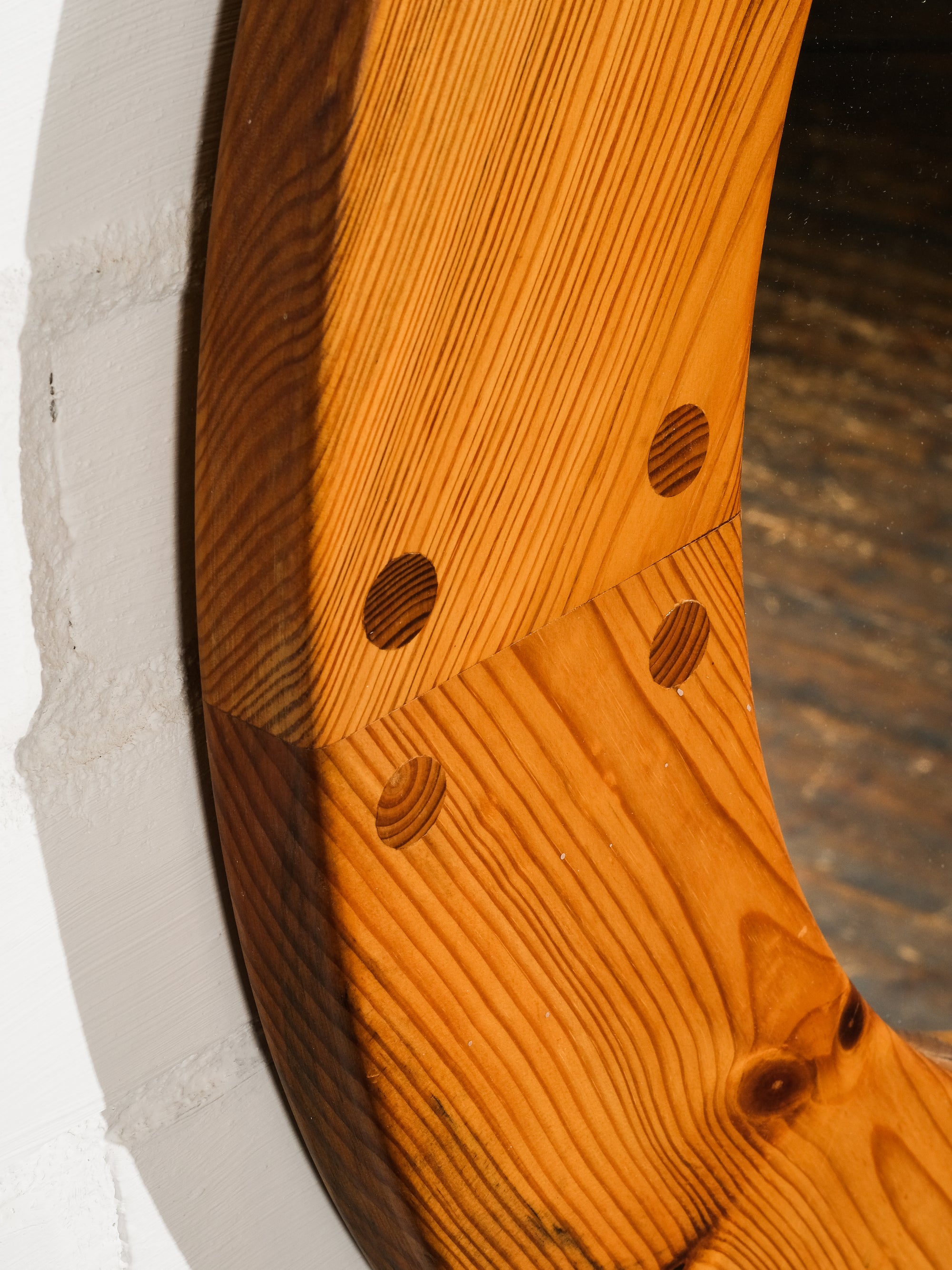 Round Pine Wall Mirror by Uno &amp; Östen Kristiansson for Luxus, Sweden, 1960s